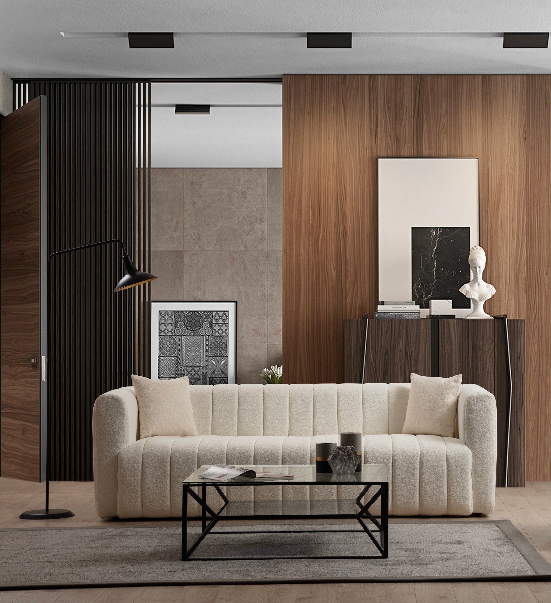 Sofá elegante de 3 lugares, cor creme, 225 x 90 x 75 cm | Estrutura em madeira de faia e aglomerado, 100% poliéster, espuma 28 DNS | Inclui 2 almofadas, tecido lavável a seco