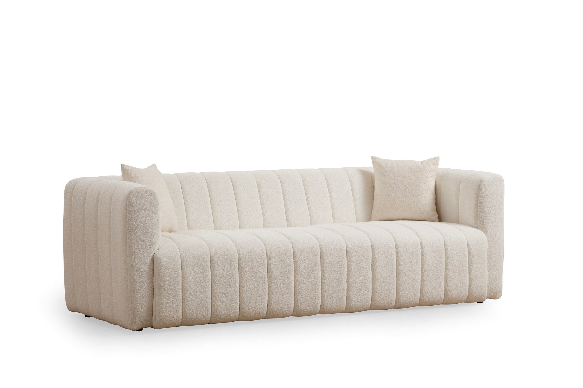 Sofá elegante de 3 lugares, cor creme, 225 x 90 x 75 cm | Estrutura em madeira de faia e aglomerado, 100% poliéster, espuma 28 DNS | Inclui 2 almofadas, tecido lavável a seco