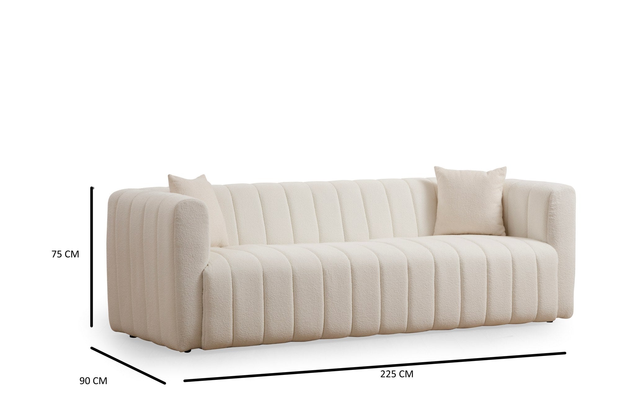 Sofá elegante de 3 lugares, cor creme, 225 x 90 x 75 cm | Estrutura em madeira de faia e aglomerado, 100% poliéster, espuma 28 DNS | Inclui 2 almofadas, tecido lavável a seco