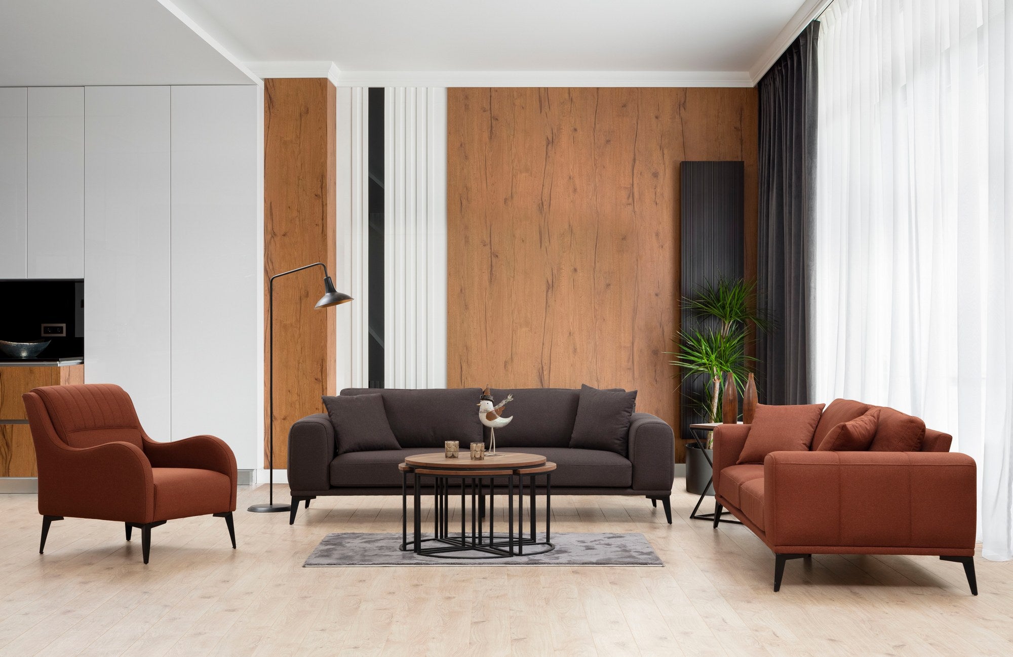 Sofá elegante de 3 lugares, cinza, 235 x 90 x 80 cm | Estrutura em madeira de faia e aglomerado, 100% poliéster, encosto conversível | Design confortável e moderno