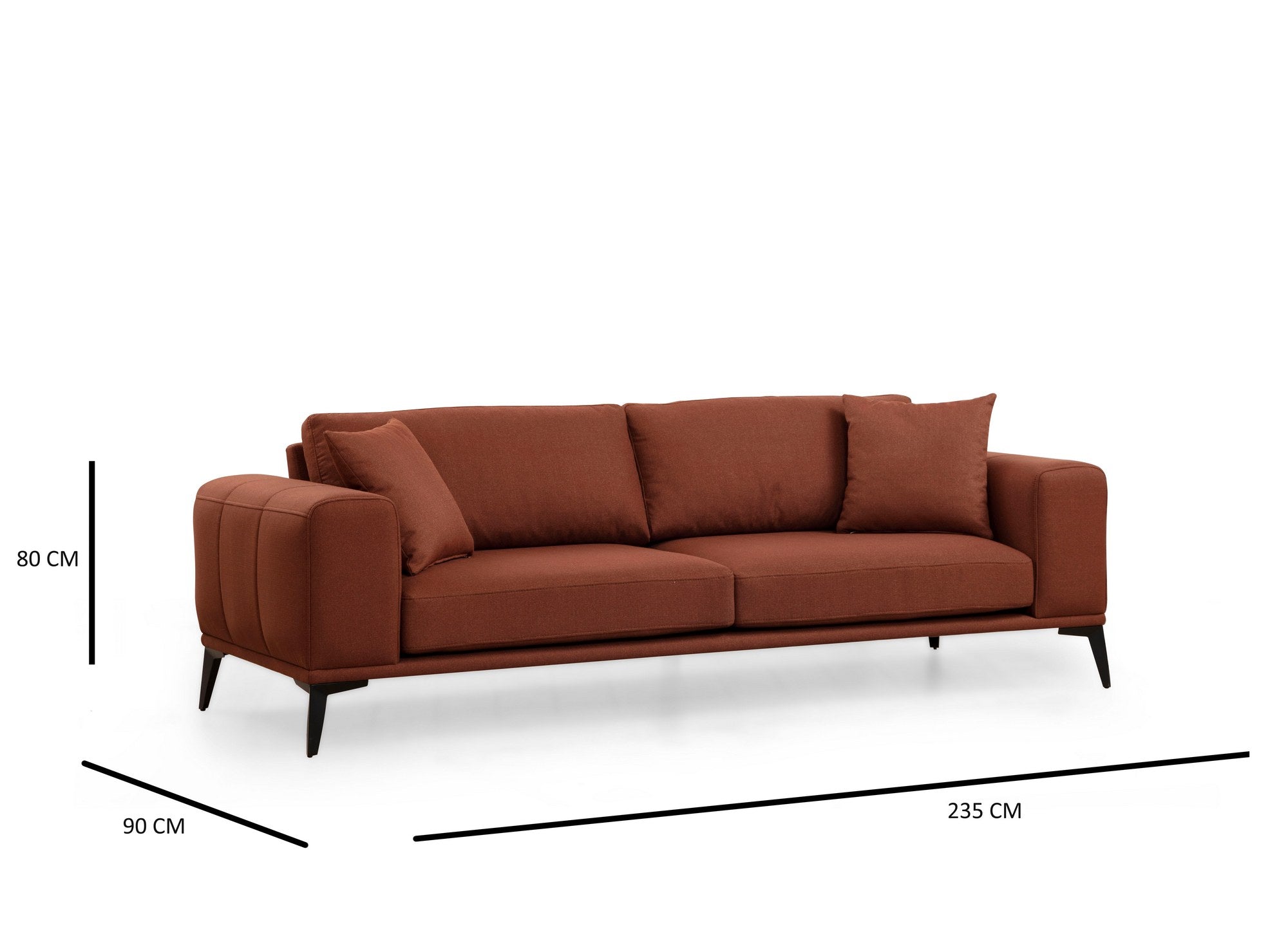 Sofá elegante de 3 lugares, vermelho-azulejo, 235 x 90 x 80 cm | Estrutura em madeira de faia e aglomerado, 100% poliéster, tecido lavável a seco | Design confortável e portátil
