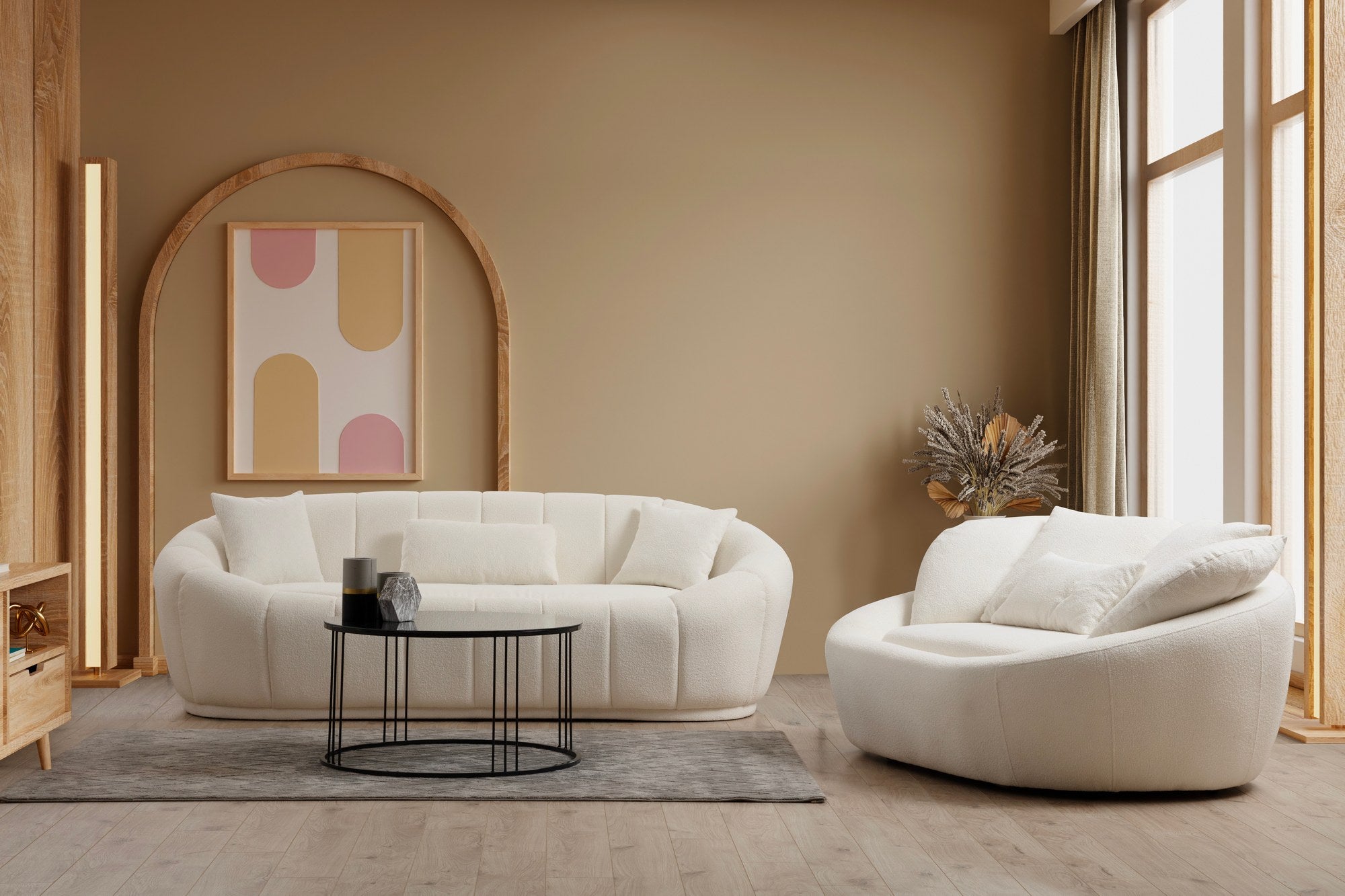 Sofá elegante de 2 lugares, cor creme, 155 x 120 x 67 cm | Estrutura em madeira de faia e aglomerado, 100% poliéster, 4 almofadas incluídas | Design confortável e elegante para espaços de convivência modernos