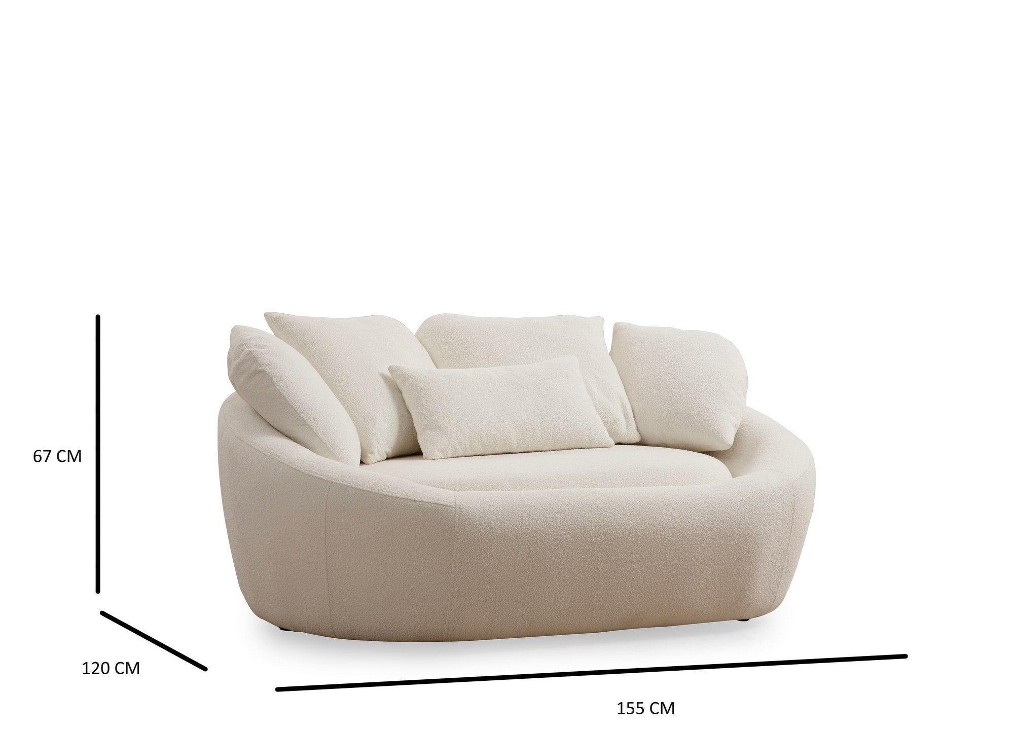 Sofá elegante de 2 lugares, cor creme, 155 x 120 x 67 cm | Estrutura em madeira de faia e aglomerado, 100% poliéster, 4 almofadas incluídas | Design confortável e elegante para espaços de convivência modernos