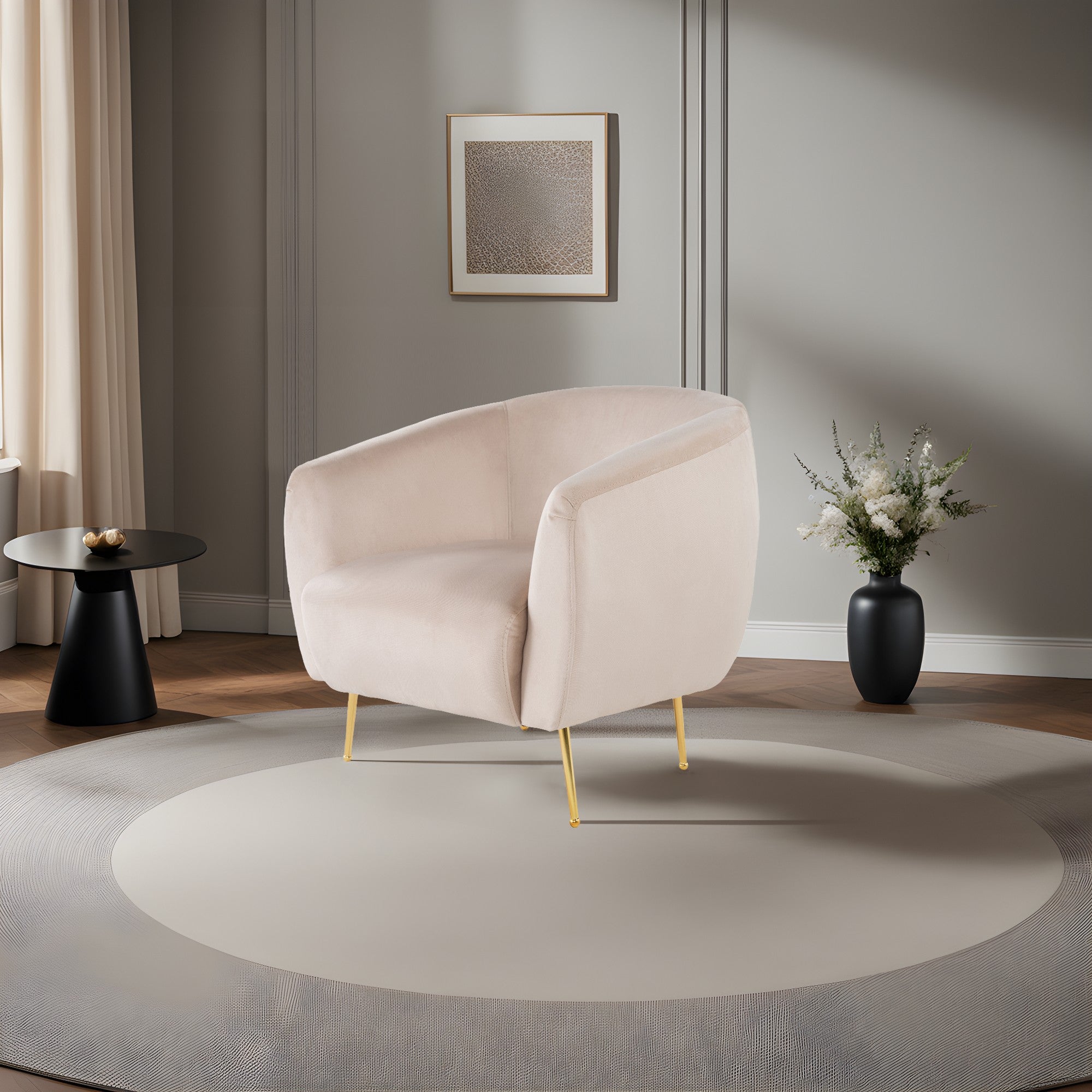 Poltrona Elegante com Pernas de Metal Dourado, Tecido Bege, 70x82x82 cm | Estrutura em Madeira de Faia, Almofadas de Espuma Macia e Penas, Inclui 1 Travesseiro, Lavável a Seco