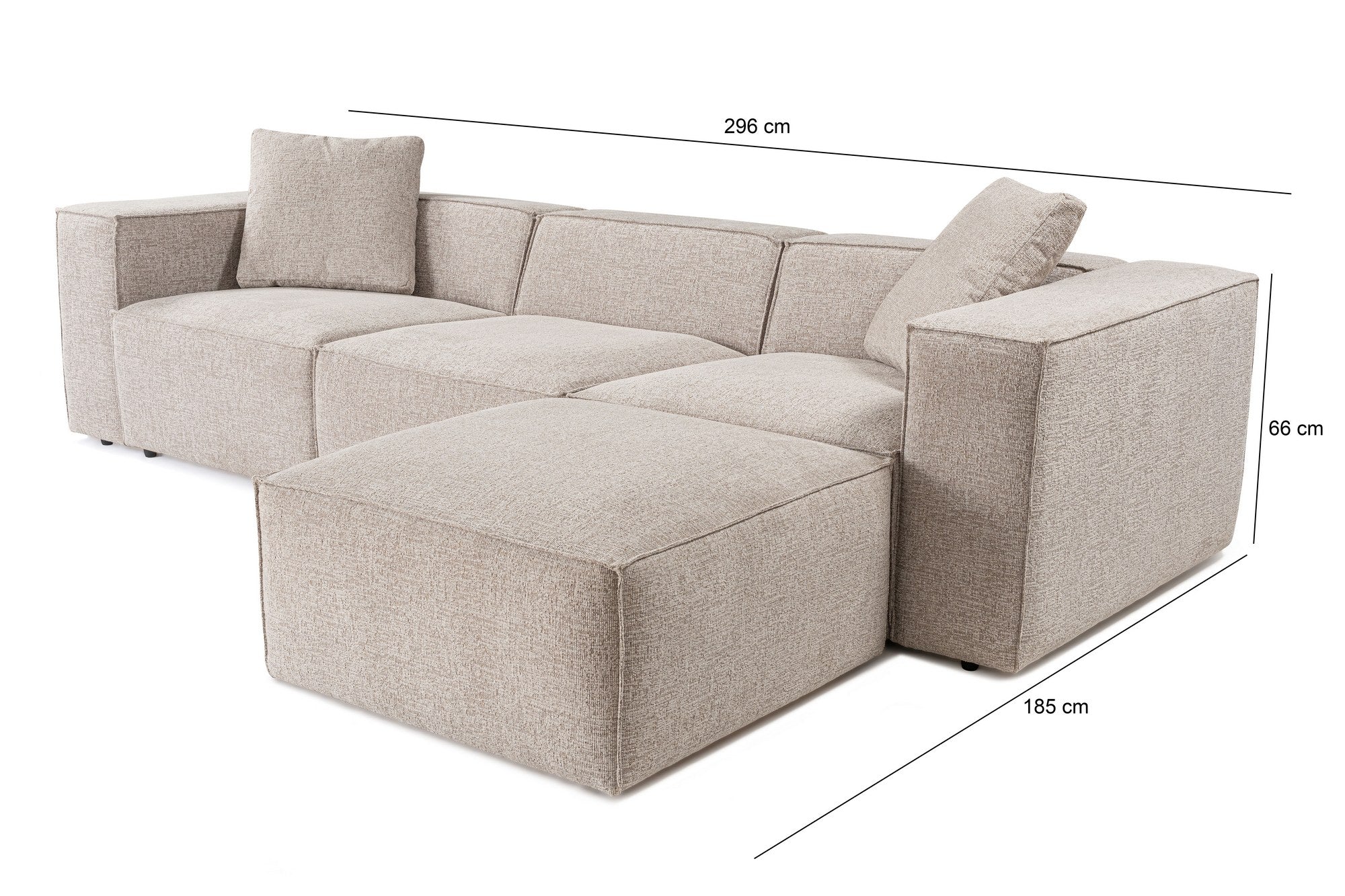 Sofá de canto elegante em tom mocha, 303 cm x 193 cm x 65 cm | Estrutura 100% madeira de carpa, tecido 100% linho, espuma 32 DNS, inclui 2 almofadas | Perfeito para salas de estar modernas