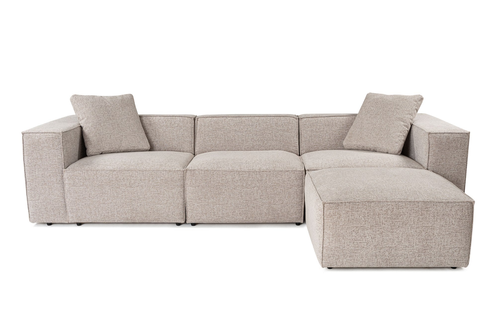 Sofá de canto elegante em tom mocha, 303 cm x 193 cm x 65 cm | Estrutura 100% madeira de carpa, tecido 100% linho, espuma 32 DNS, inclui 2 almofadas | Perfeito para salas de estar modernas
