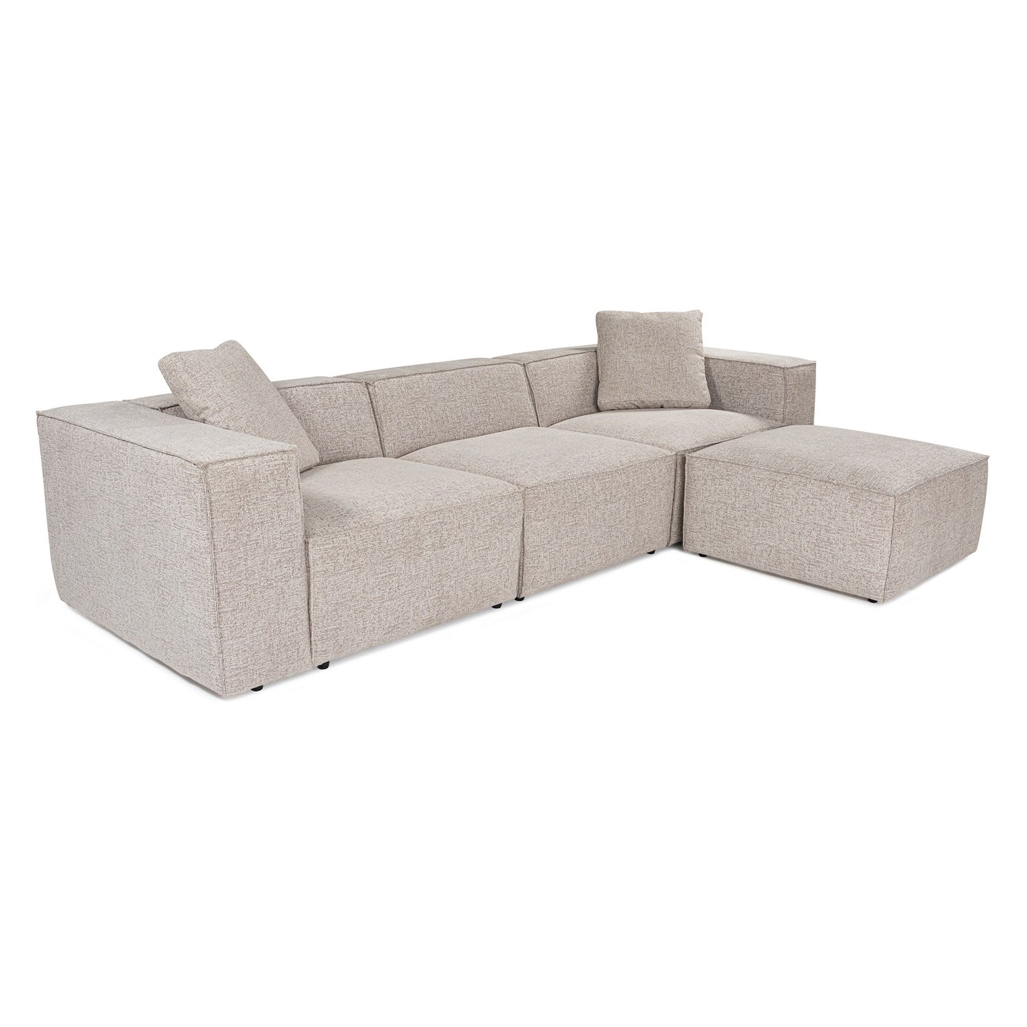 Sofá de canto elegante em tom mocha, 303 cm x 193 cm x 65 cm | Estrutura 100% madeira de carpa, tecido 100% linho, espuma 32 DNS, inclui 2 almofadas | Perfeito para salas de estar modernas
