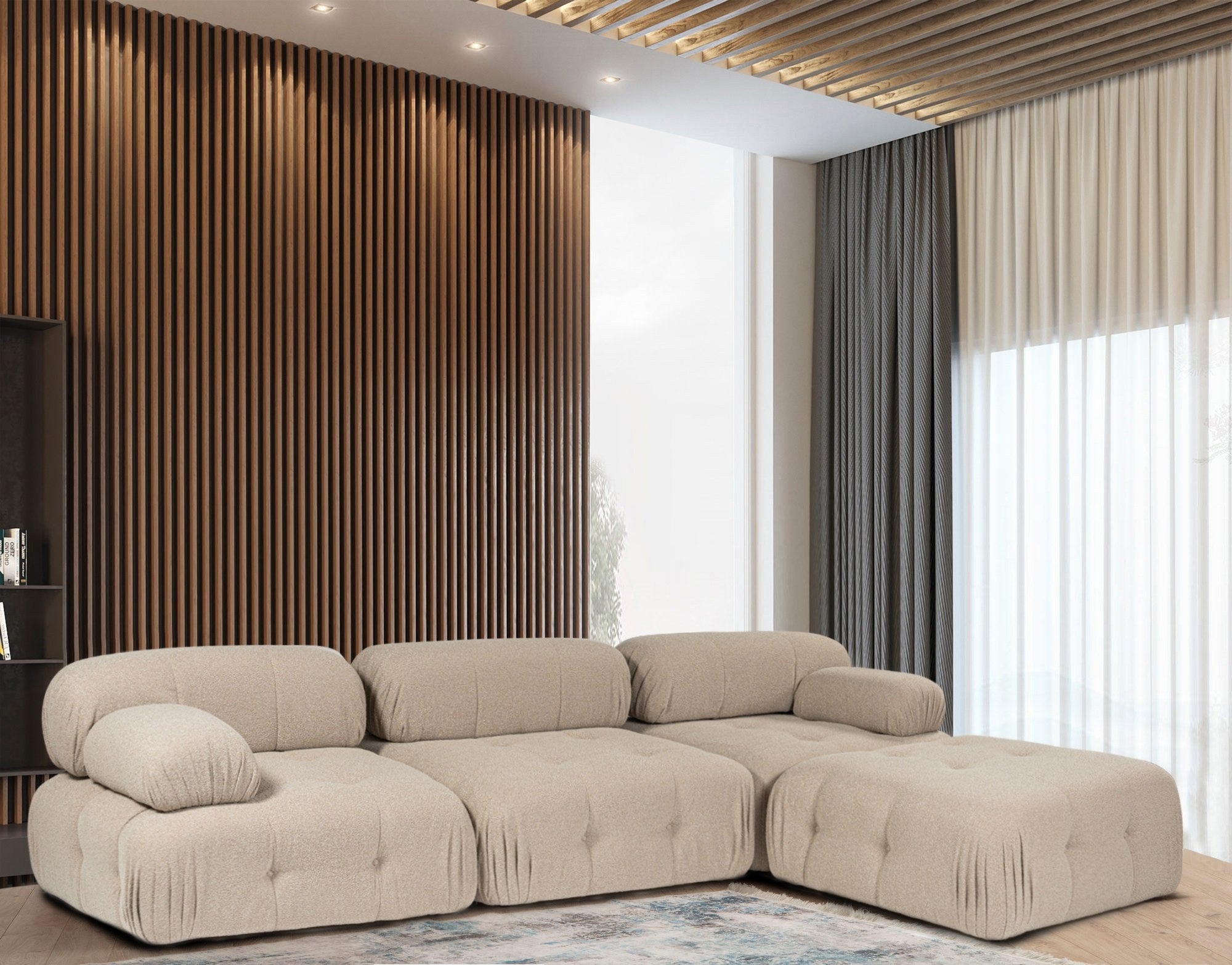 Sofá de canto elegante, cor pêssego, 300x200 cm | Estrutura em madeira de faia e aglomerado, 100% poliéster, espuma 28 DNS | Design moderno com mecanismo de mudança