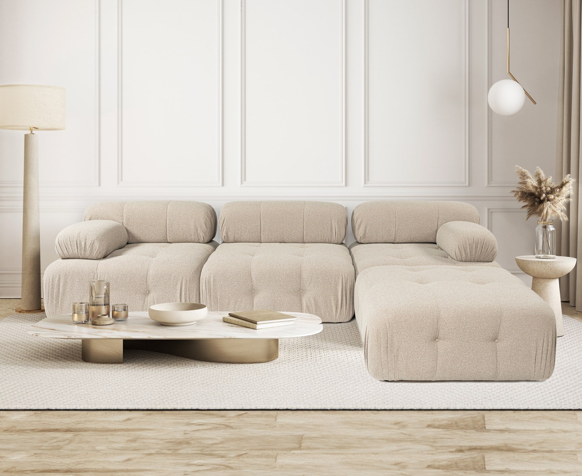 Sofá de canto elegante, cor pêssego, 300x200 cm | Estrutura em madeira de faia e aglomerado, 100% poliéster, espuma 28 DNS | Design moderno com mecanismo de mudança