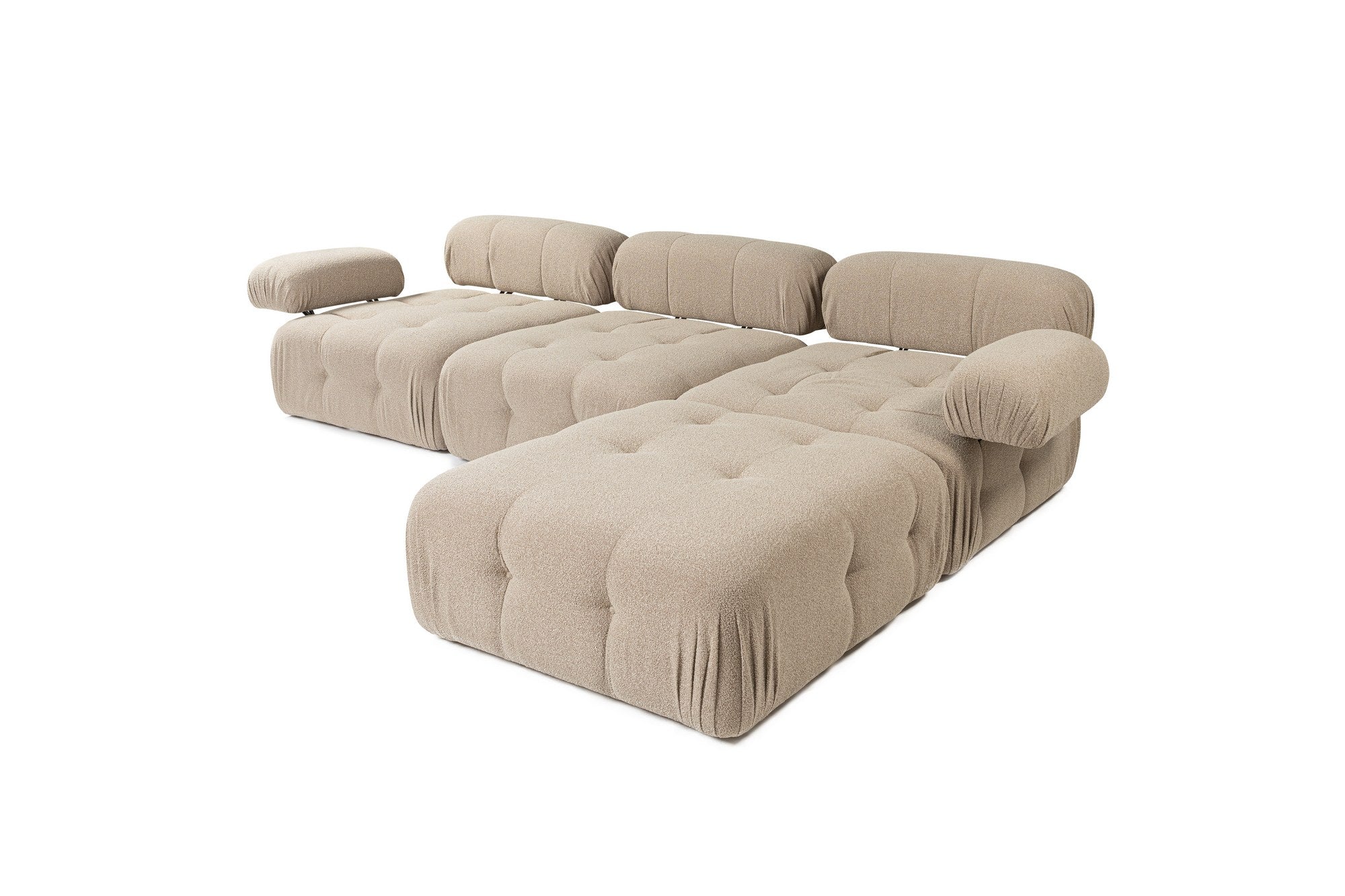 Sofá de canto elegante, cor pêssego, 300x200 cm | Estrutura em madeira de faia e aglomerado, 100% poliéster, espuma 28 DNS | Design moderno com mecanismo de mudança