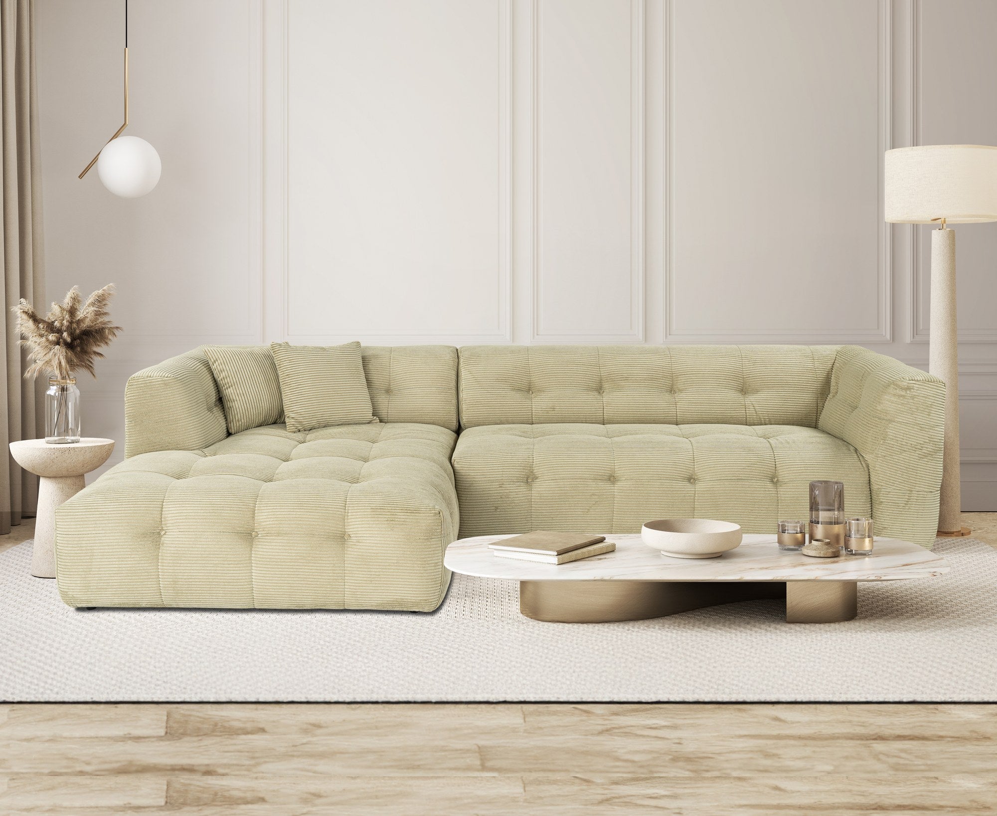 Sofá de canto elegante, verde, estrutura de madeira de faia e aglomerado, 300x150 cm | 100% poliéster, espuma 28 DNS, almofadas fixas, perfeito para espaços modernos