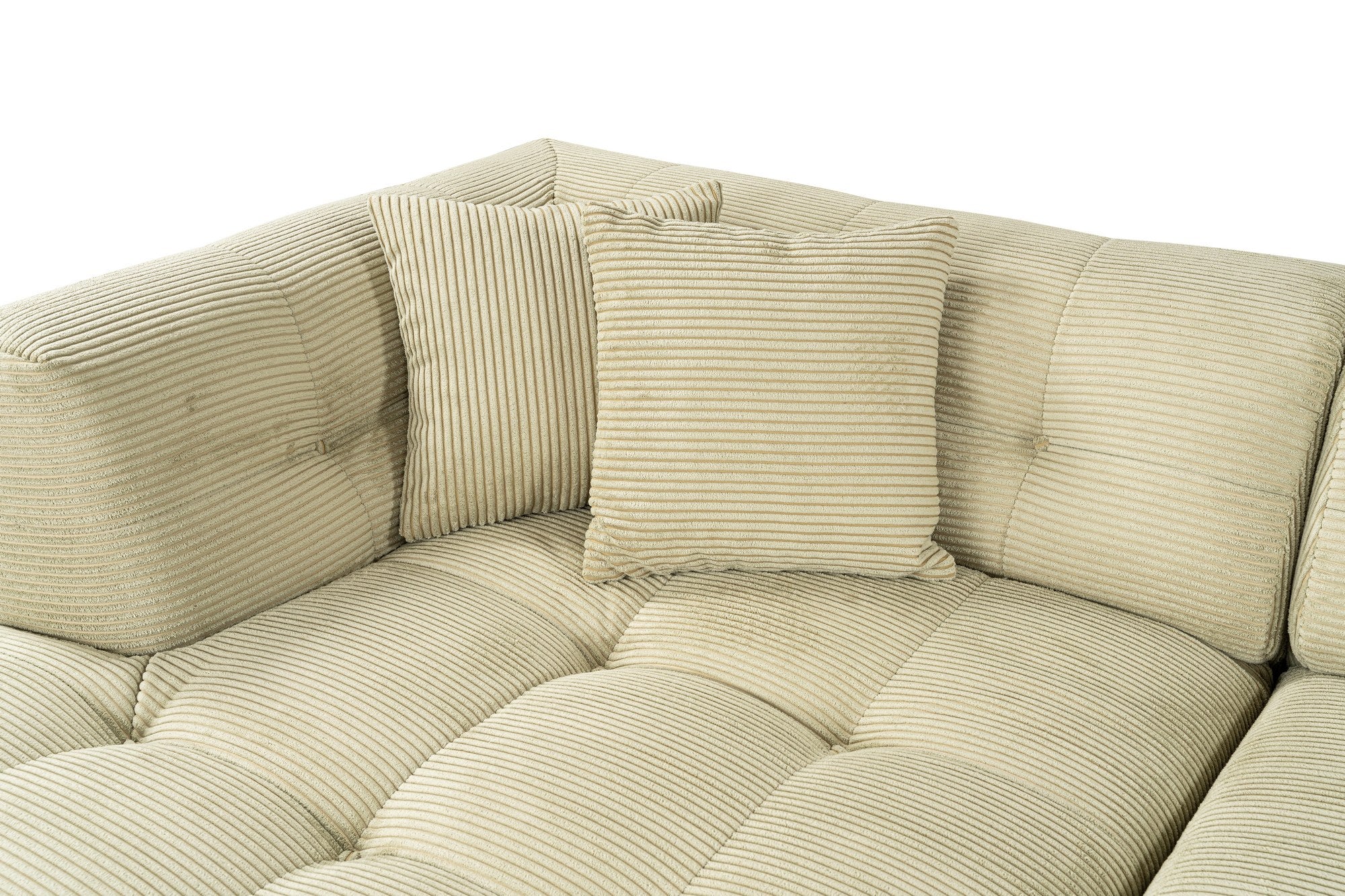 Sofá de canto elegante, verde, estrutura de madeira de faia e aglomerado, 300x150 cm | 100% poliéster, espuma 28 DNS, almofadas fixas, perfeito para espaços modernos
