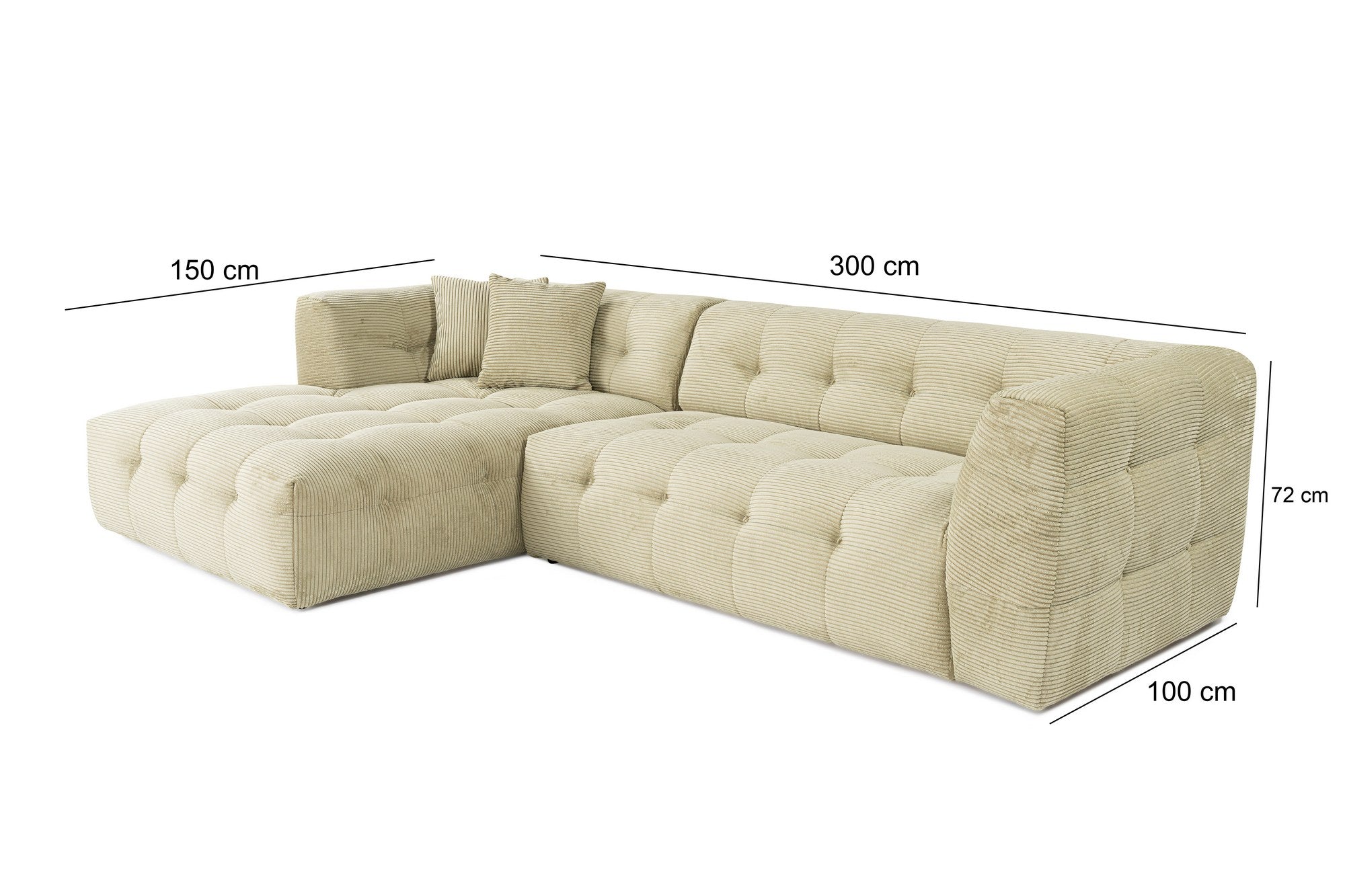 Sofá de canto elegante, verde, estrutura de madeira de faia e aglomerado, 300x150 cm | 100% poliéster, espuma 28 DNS, almofadas fixas, perfeito para espaços modernos