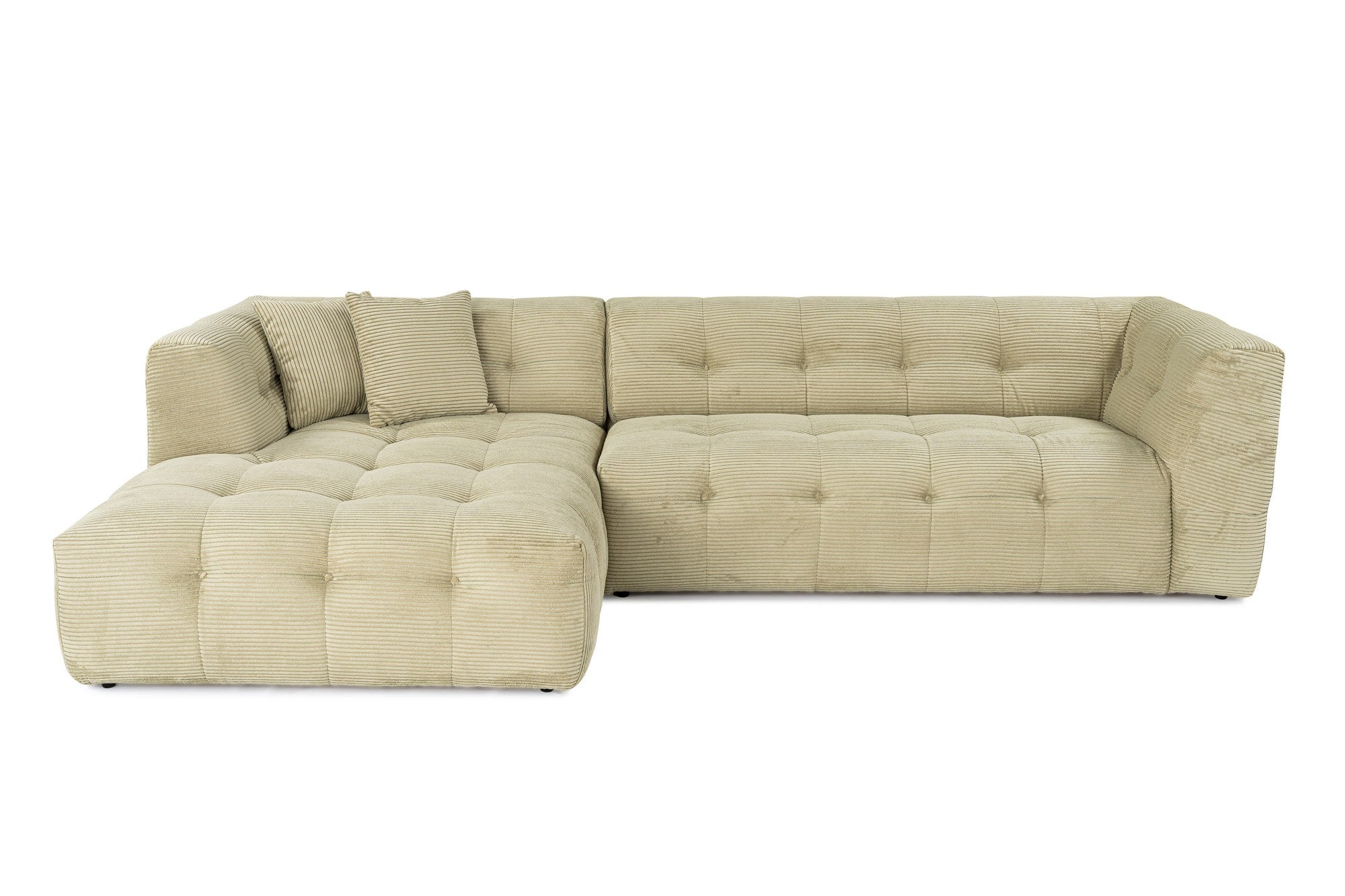 Sofá de canto elegante, verde, estrutura de madeira de faia e aglomerado, 300x150 cm | 100% poliéster, espuma 28 DNS, almofadas fixas, perfeito para espaços modernos