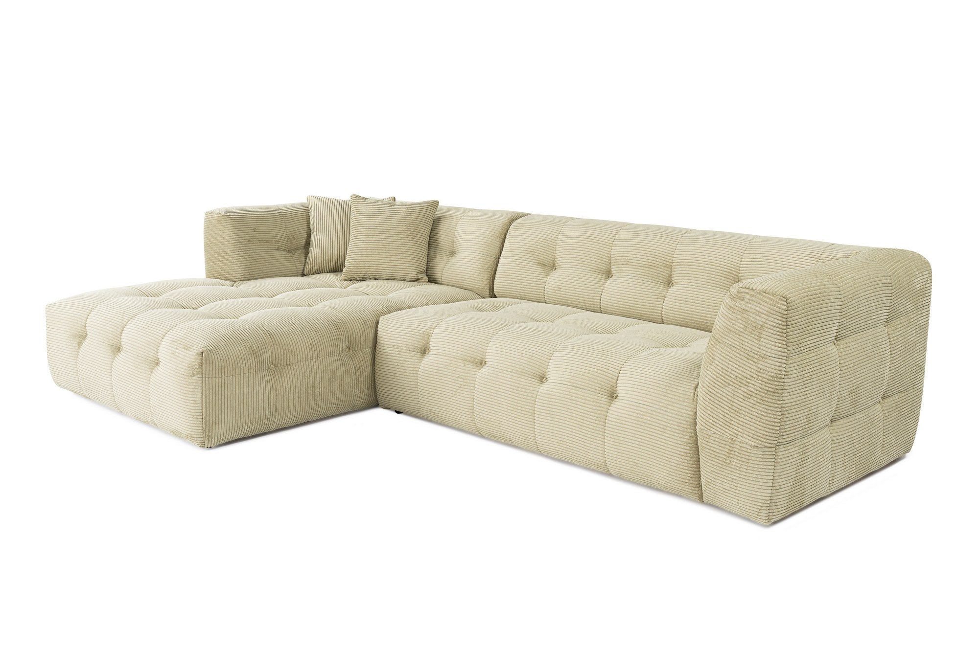 Sofá de canto elegante, verde, estrutura de madeira de faia e aglomerado, 300x150 cm | 100% poliéster, espuma 28 DNS, almofadas fixas, perfeito para espaços modernos