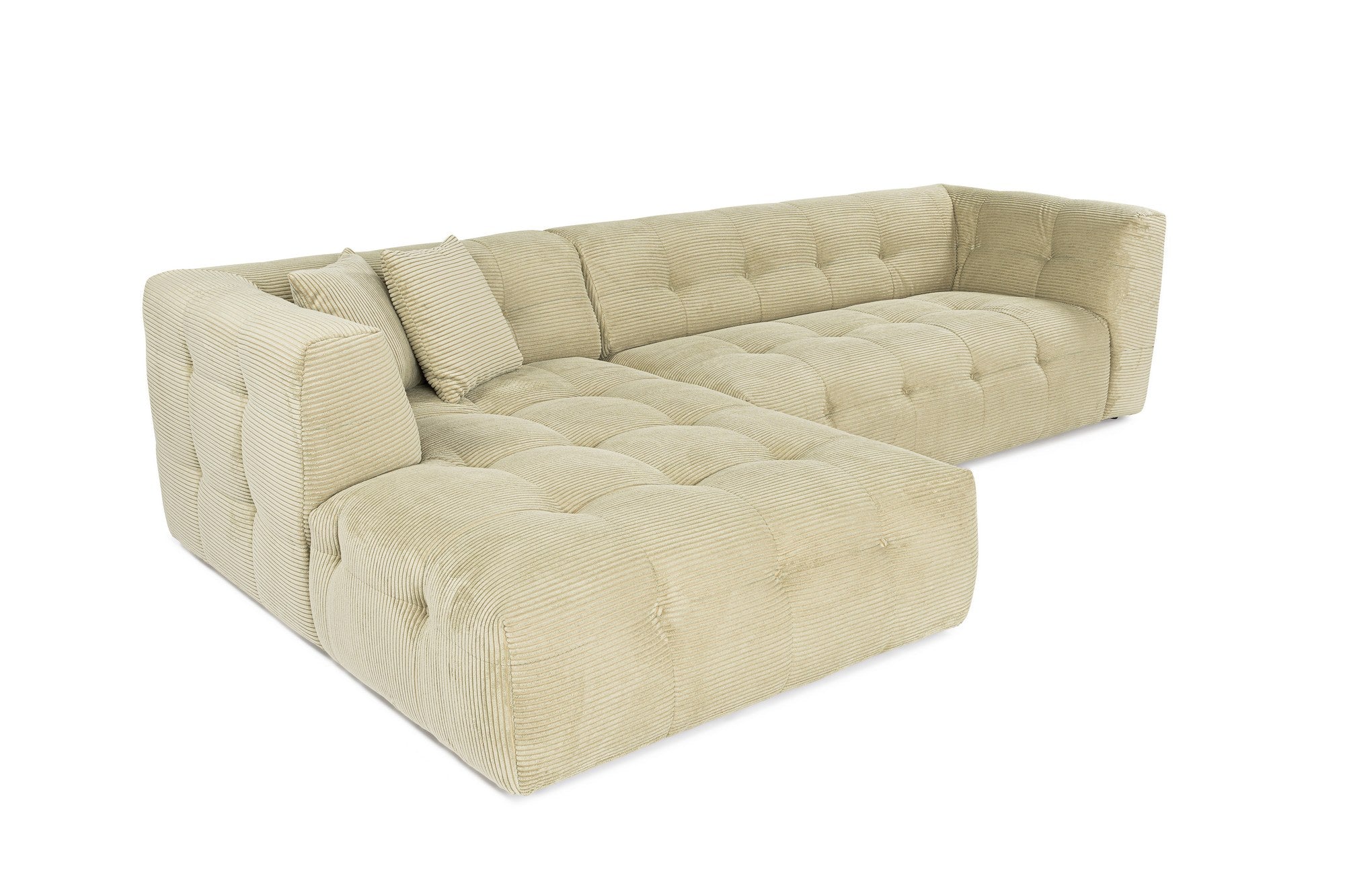 Sofá de canto elegante, verde, estrutura de madeira de faia e aglomerado, 300x150 cm | 100% poliéster, espuma 28 DNS, almofadas fixas, perfeito para espaços modernos