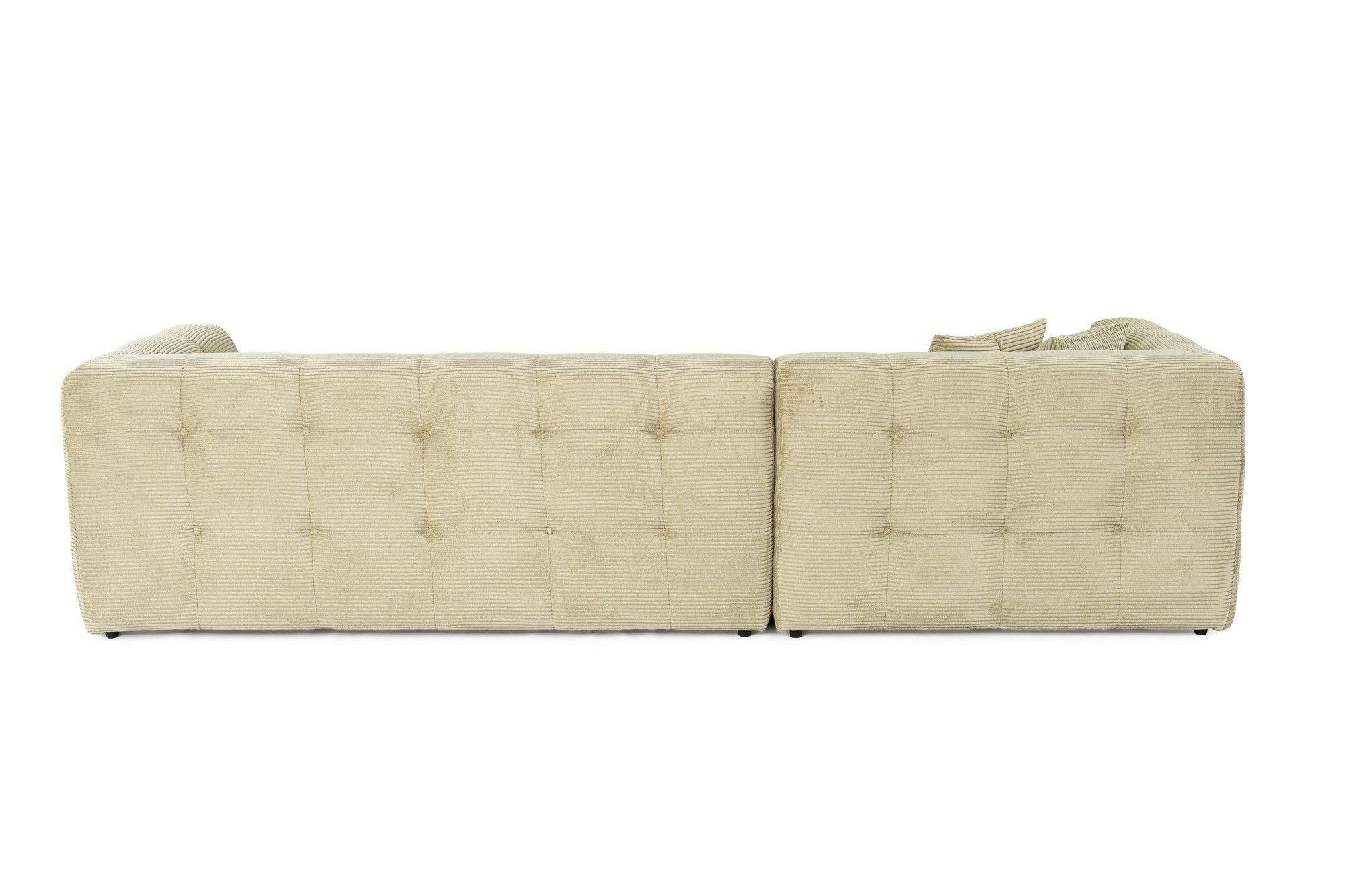 Sofá de canto elegante, verde, estrutura de madeira de faia e aglomerado, 300x150 cm | 100% poliéster, espuma 28 DNS, almofadas fixas, perfeito para espaços modernos