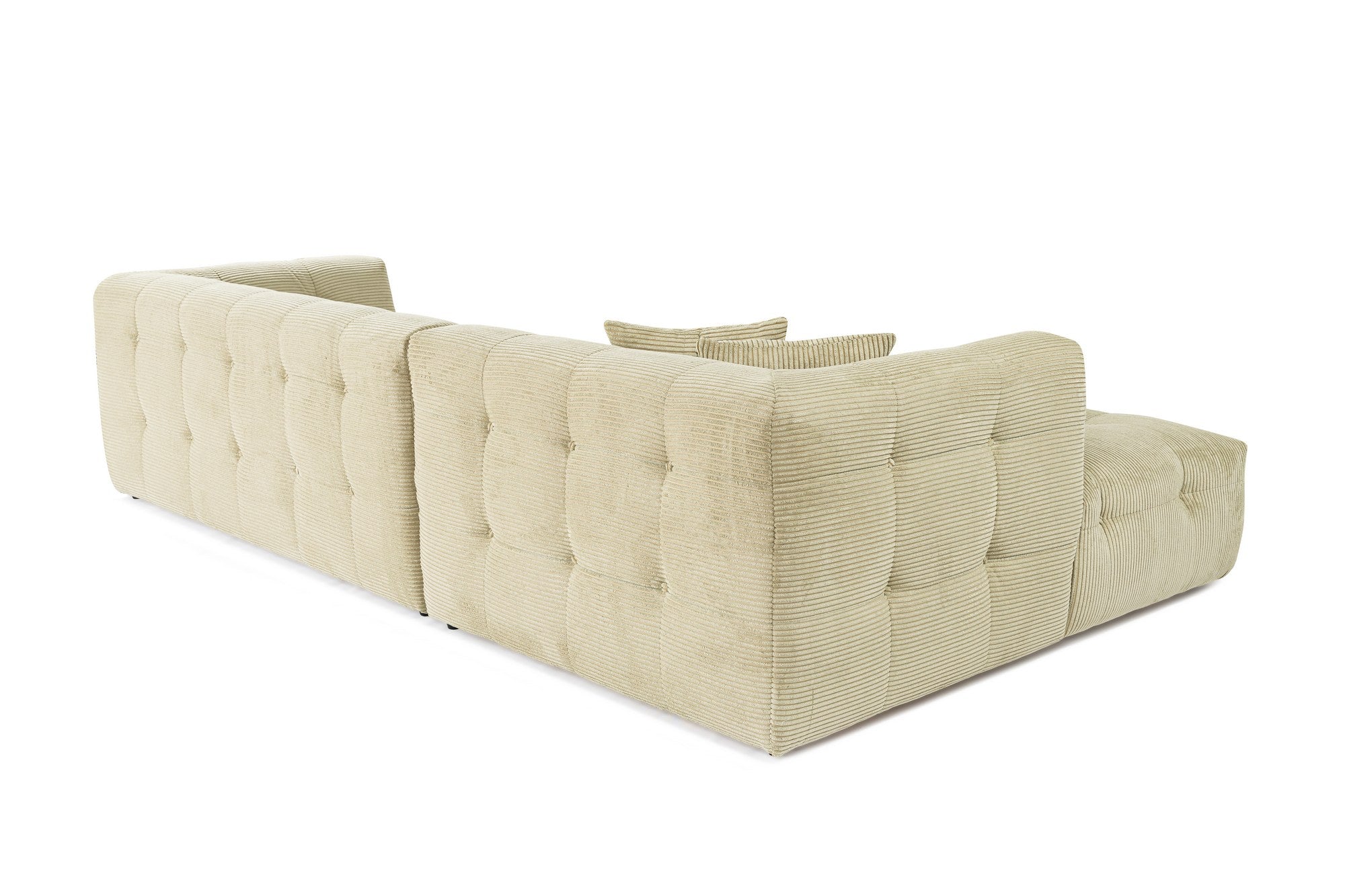 Sofá de canto elegante, verde, estrutura de madeira de faia e aglomerado, 300x150 cm | 100% poliéster, espuma 28 DNS, almofadas fixas, perfeito para espaços modernos