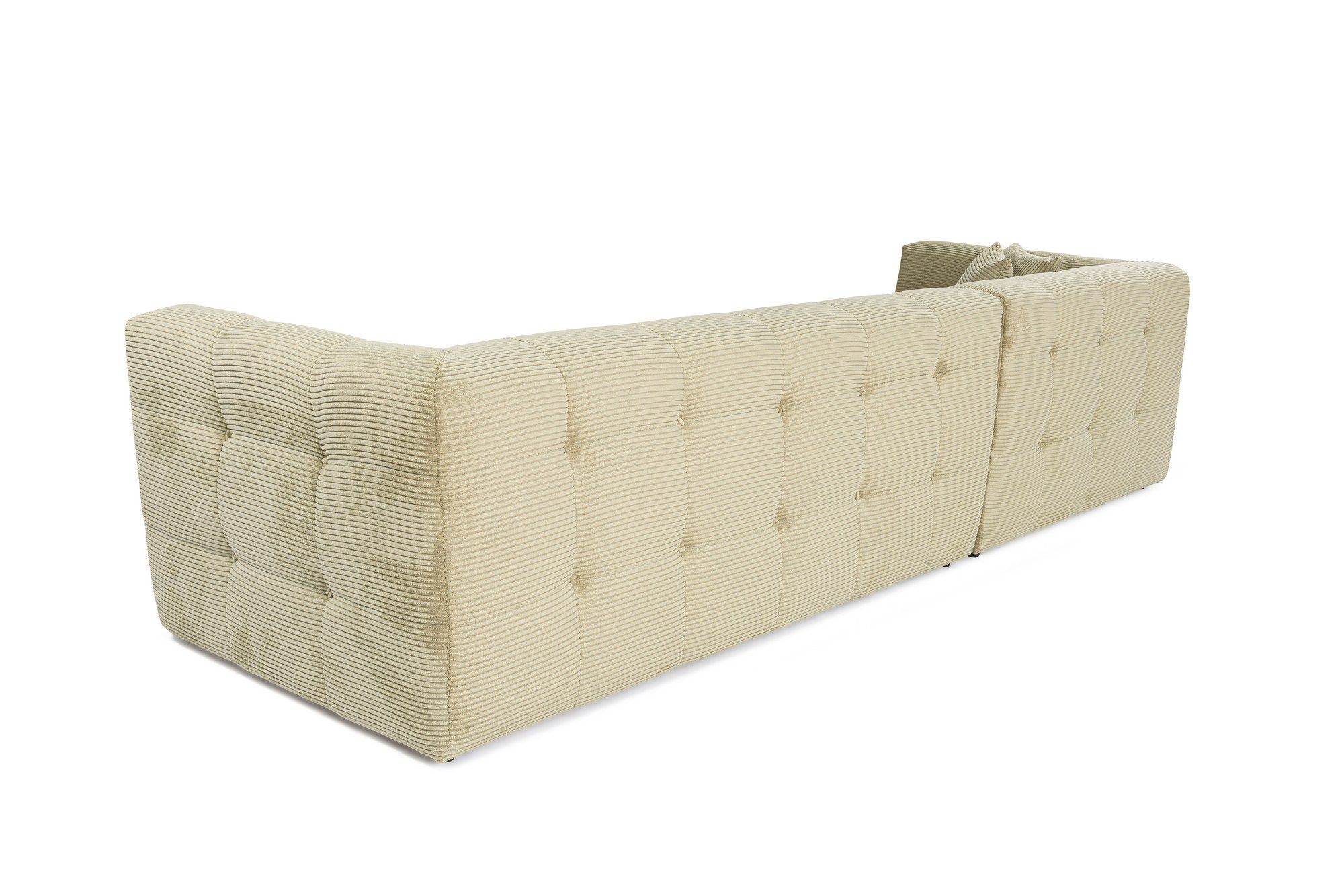 Sofá de canto elegante, verde, estrutura de madeira de faia e aglomerado, 300x150 cm | 100% poliéster, espuma 28 DNS, almofadas fixas, perfeito para espaços modernos