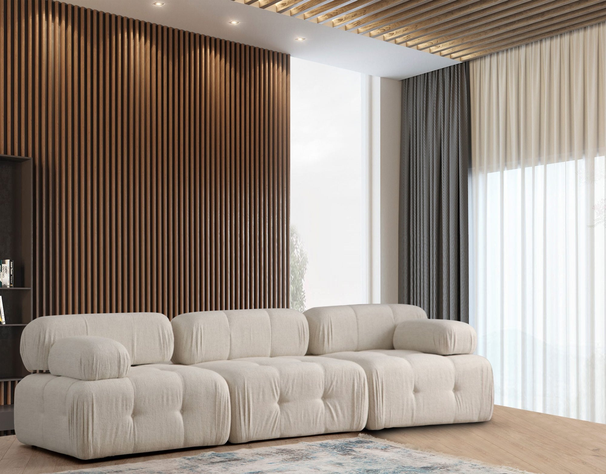 Sofá elegante de 3 lugares, cor creme, 300 x 100 x 80 cm | Estrutura em madeira de faia e aglomerado, 100% poliéster, espuma 28 DNS | Design moderno com mecanismo de mudança