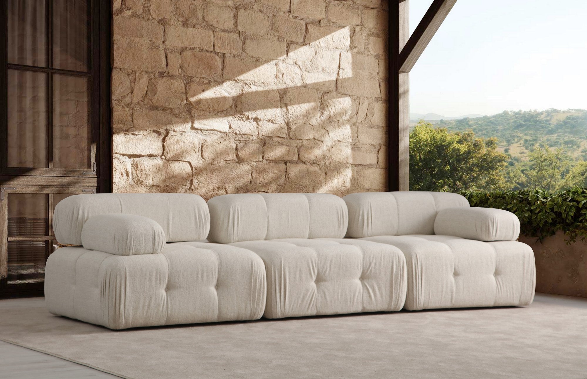 Sofá elegante de 3 lugares, cor creme, 300 x 100 x 80 cm | Estrutura em madeira de faia e aglomerado, 100% poliéster, espuma 28 DNS | Design moderno com mecanismo de mudança