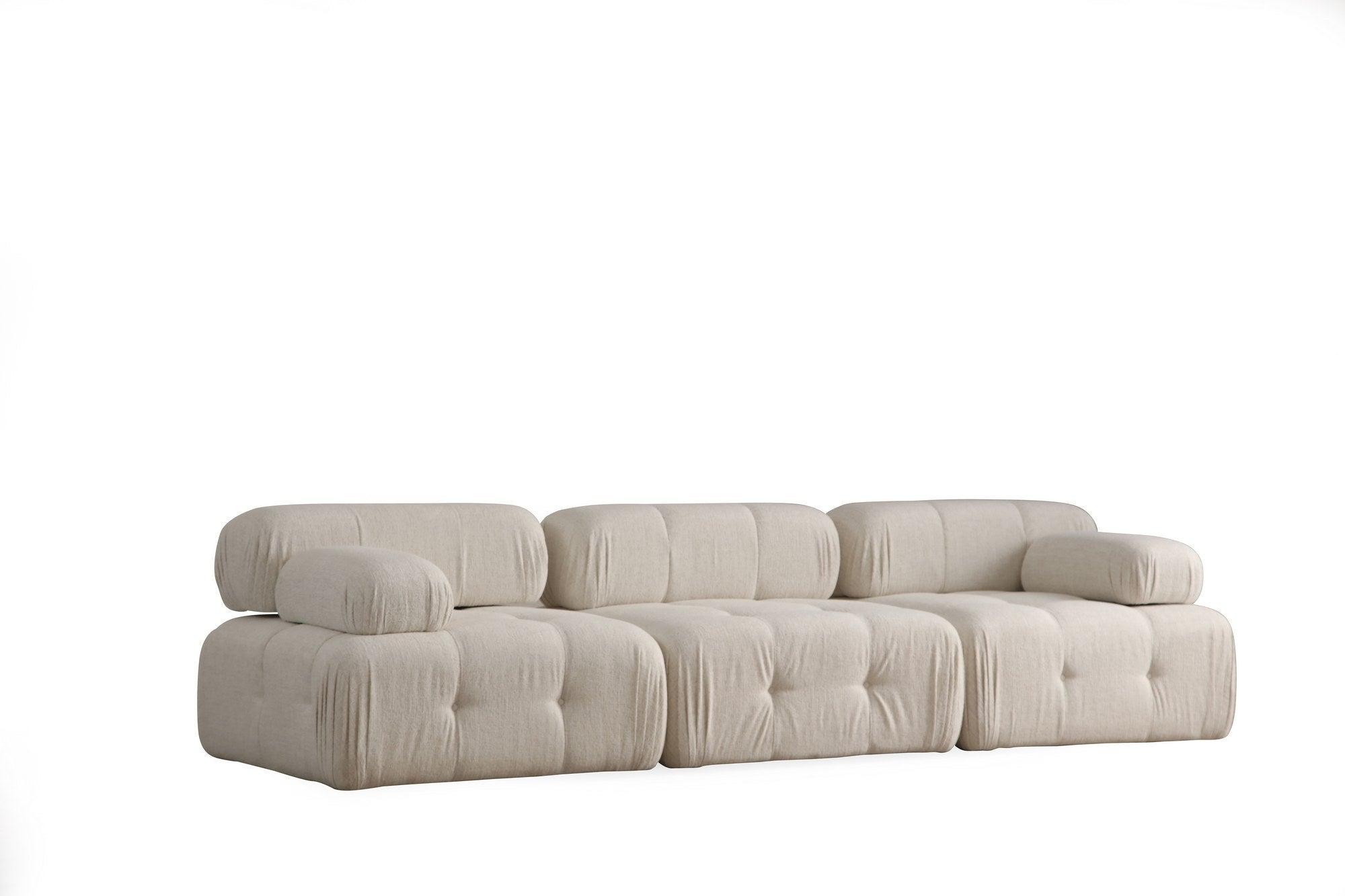 Sofá elegante de 3 lugares, cor creme, 300 x 100 x 80 cm | Estrutura em madeira de faia e aglomerado, 100% poliéster, espuma 28 DNS | Design moderno com mecanismo de mudança