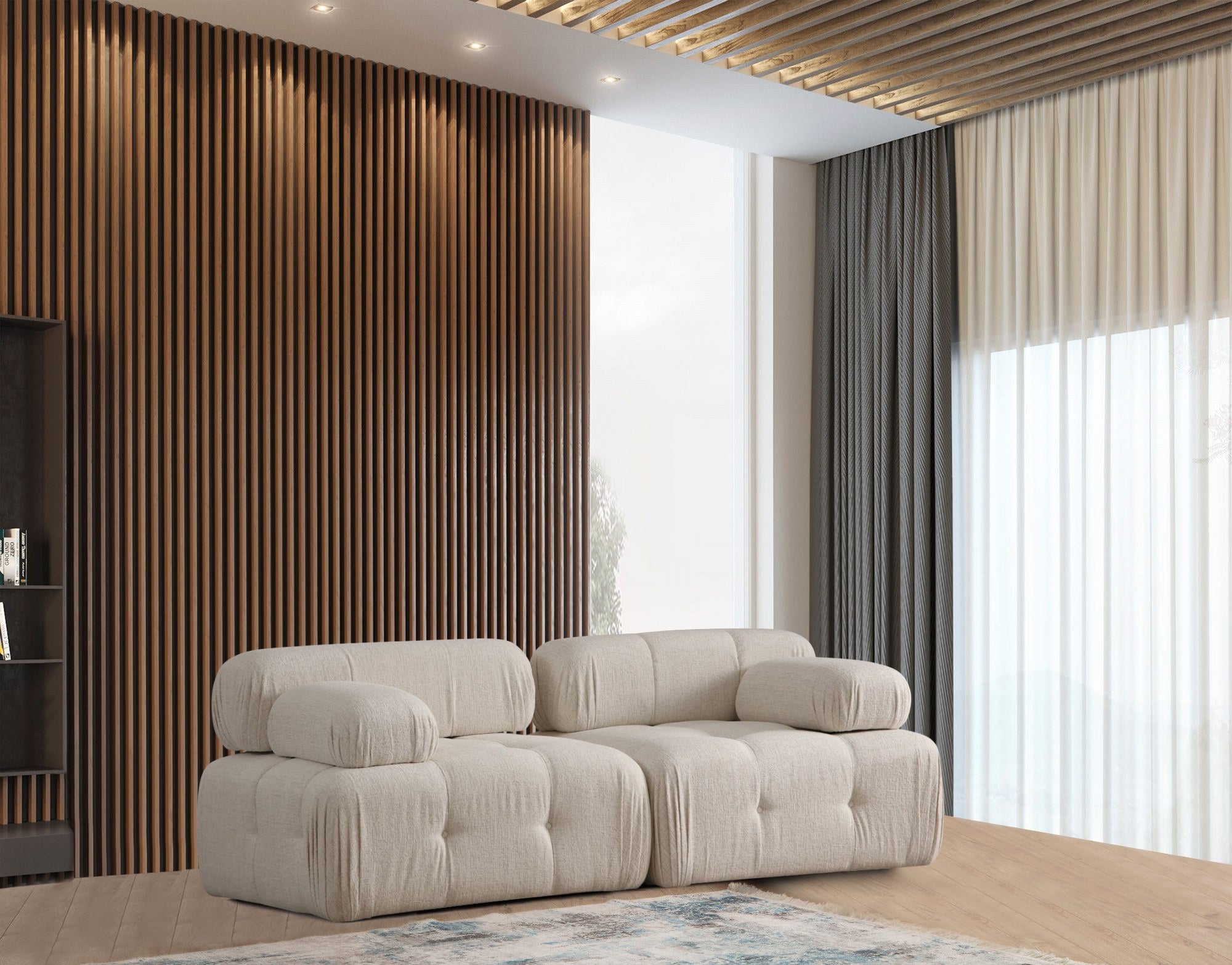Sofá elegante de 2 lugares, cor creme, 200 x 100 x 80 cm | Estrutura em madeira de faia e aglomerado, 100% poliéster, espuma 28 DNS | Design moderno com mecanismo de mudança