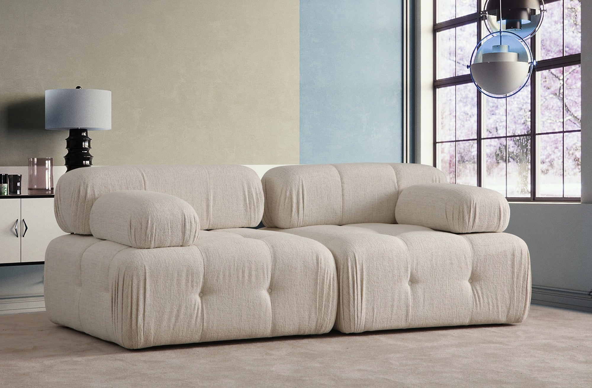 Sofá elegante de 2 lugares, cor creme, 200 x 100 x 80 cm | Estrutura em madeira de faia e aglomerado, 100% poliéster, espuma 28 DNS | Design moderno com mecanismo de mudança