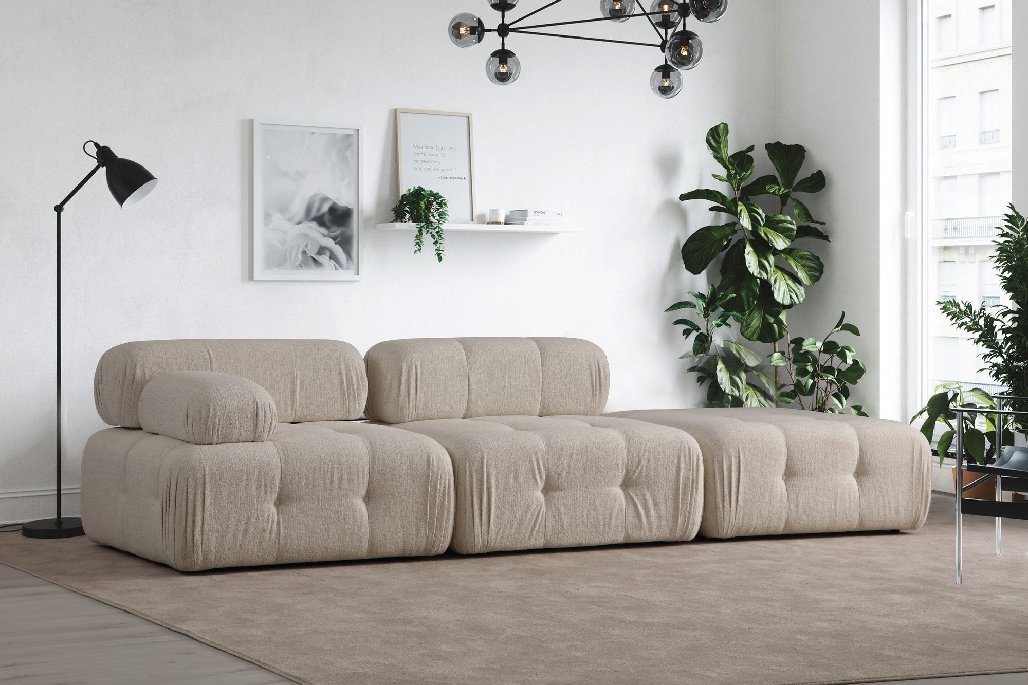 Sofá elegante de 3 lugares, cor creme, 300 x 100 x 80 cm | Estrutura em madeira de faia e aglomerado, 100% poliéster, espuma 28 DNS | Design moderno com mecanismo de mudança