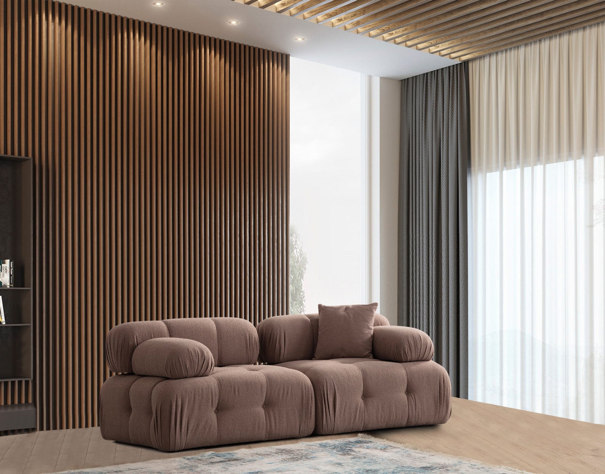 Sofá elegante de 2 lugares, Cappuccino, 200 x 100 x 80 cm | Estrutura em madeira de faia e aglomerado, 100% poliéster, espuma 28 DNS | Design moderno com mecanismo de mudança