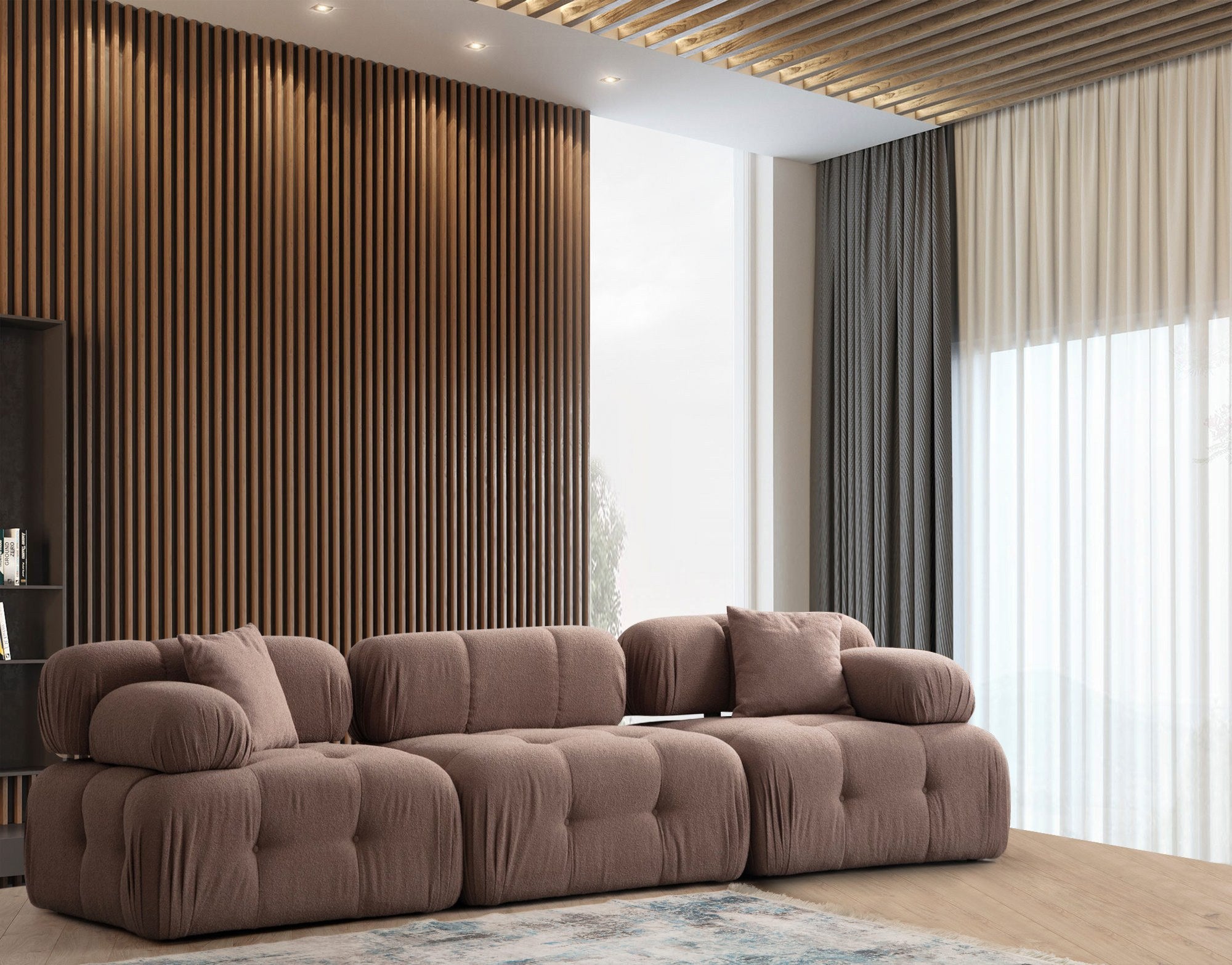 Sofá elegante de 3 lugares, Cappuccino, 300 x 100 x 80 cm | Estrutura em madeira de faia e aglomerado, 100% poliéster, espuma 28 DNS | Design moderno com mecanismo de mudança