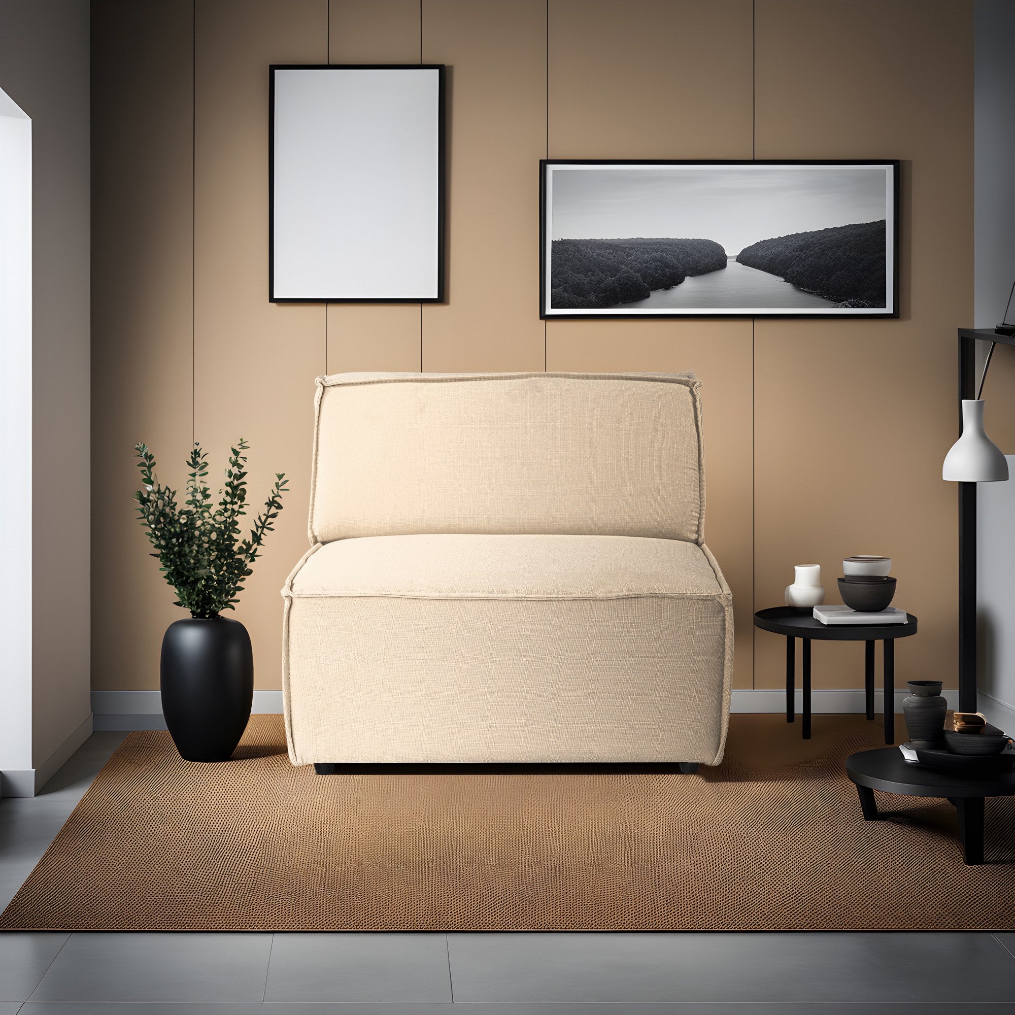 Sofá elegante de 1 lugar, linho creme, 100 cm | Estrutura 100% madeira de carpa, espuma DNS 32, espuma cinza macia e encosto de silicone | Perfeito para espaços modernos