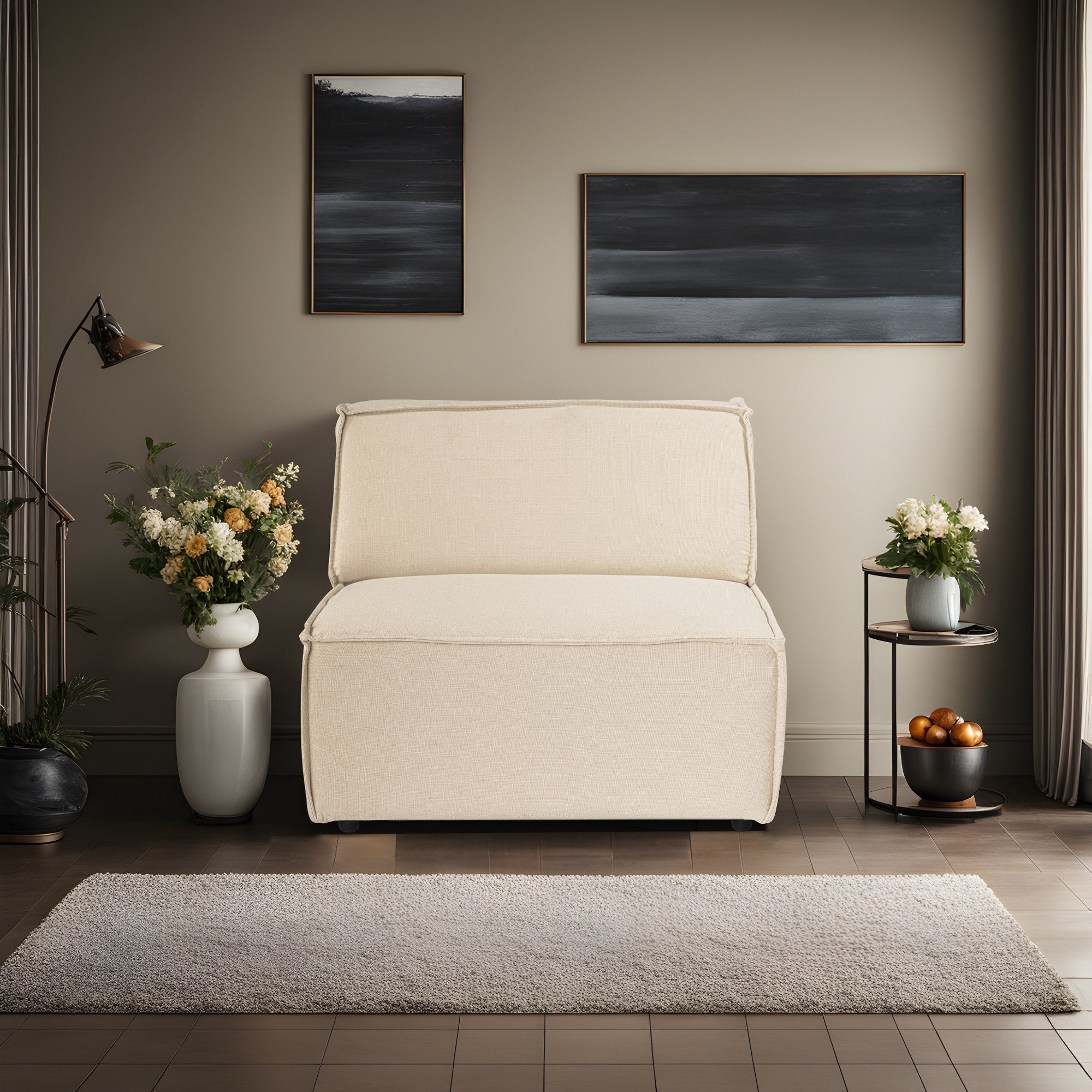 Sofá elegante de 1 lugar, linho creme, 100 cm | Estrutura 100% madeira de carpa, espuma DNS 32, espuma cinza macia e encosto de silicone | Perfeito para espaços modernos