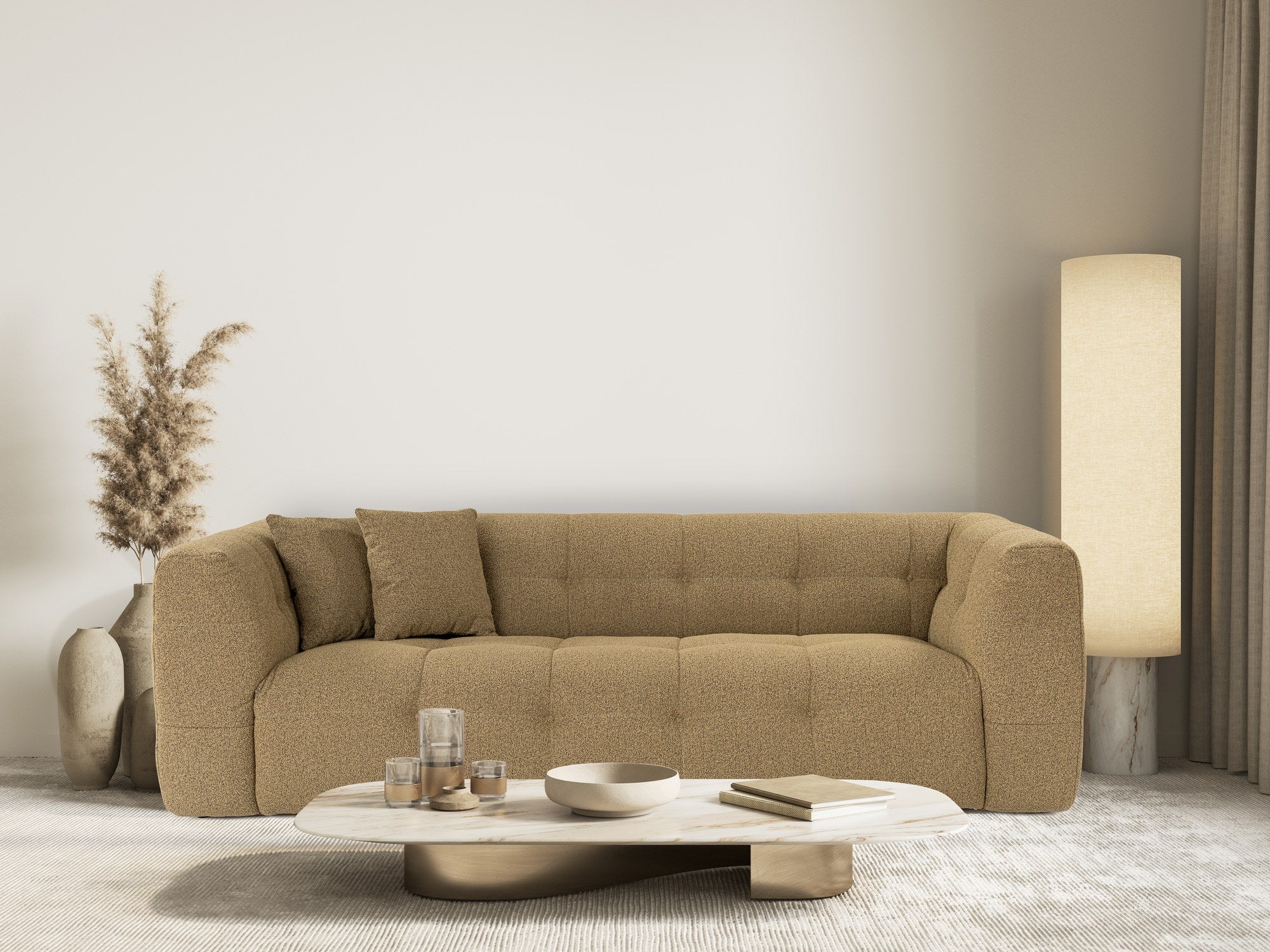 Sofá elegante de 3 lugares, cáqui, 235 x 100 x 72 cm | Estrutura em madeira de faia e aglomerado, 100% poliéster, espuma 28 DNS | Almofadas fixas, tecido de fácil manutenção