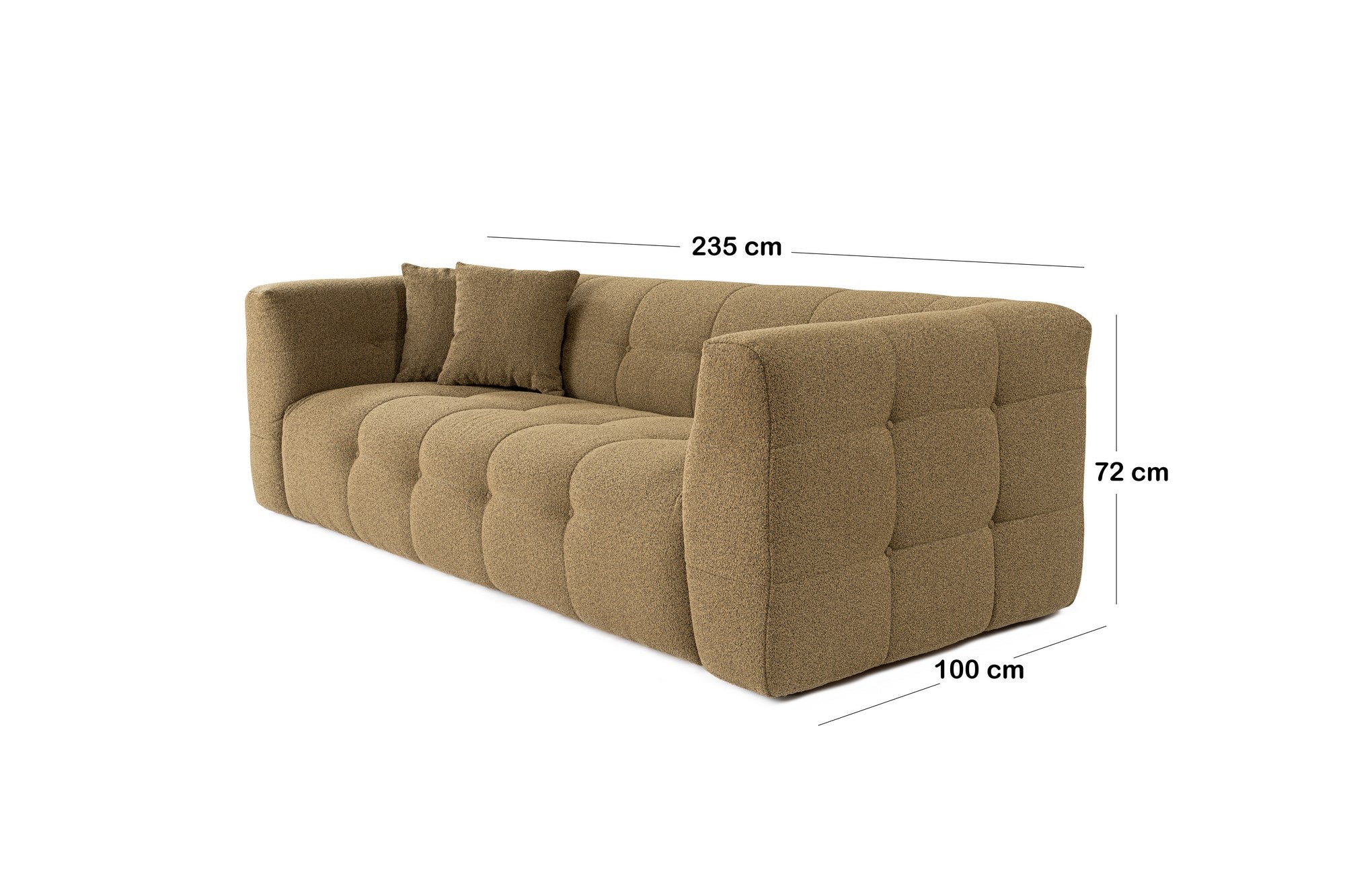 Sofá elegante de 3 lugares, cáqui, 235 x 100 x 72 cm | Estrutura em madeira de faia e aglomerado, 100% poliéster, espuma 28 DNS | Almofadas fixas, tecido de fácil manutenção