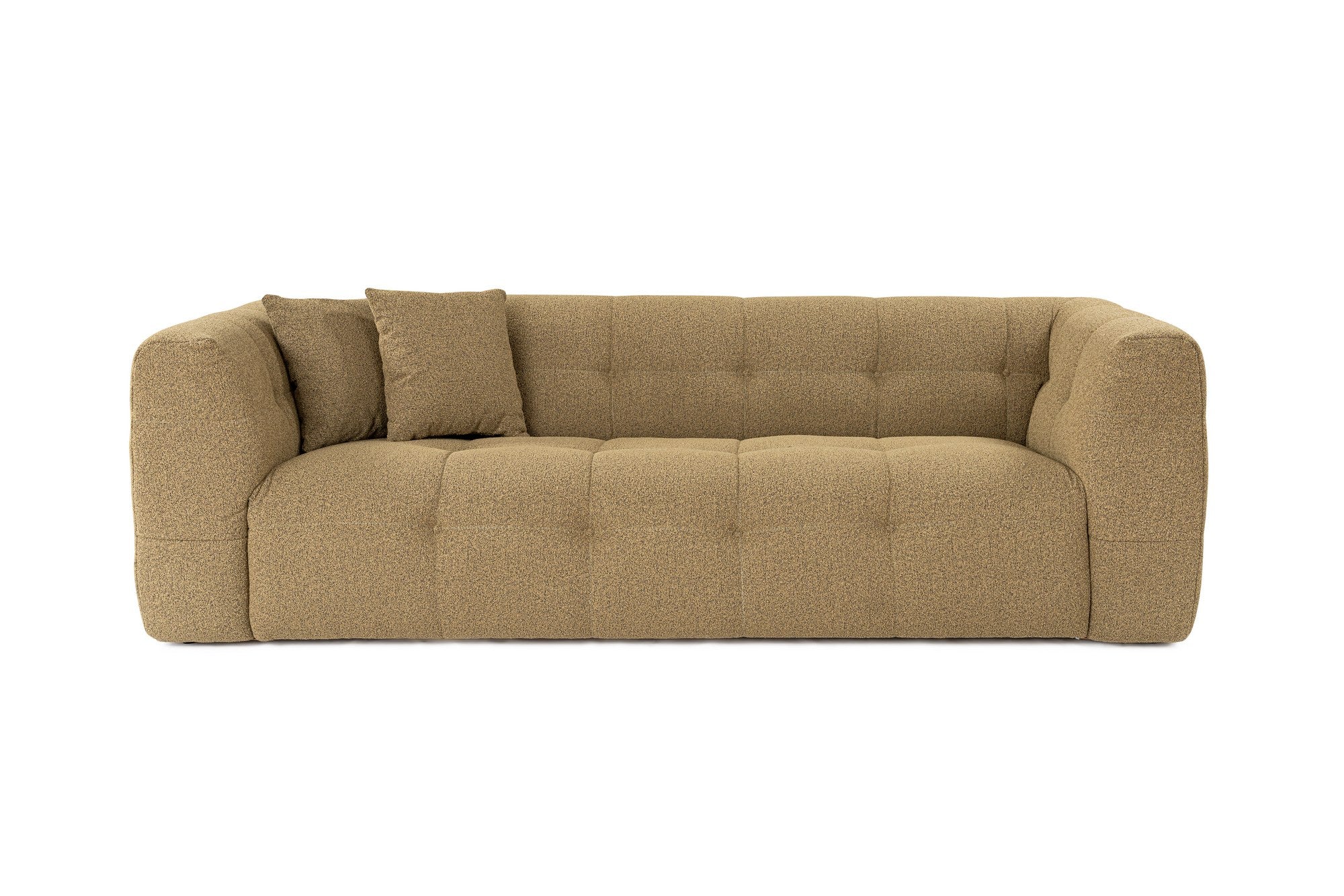Sofá elegante de 3 lugares, cáqui, 235 x 100 x 72 cm | Estrutura em madeira de faia e aglomerado, 100% poliéster, espuma 28 DNS | Almofadas fixas, tecido de fácil manutenção