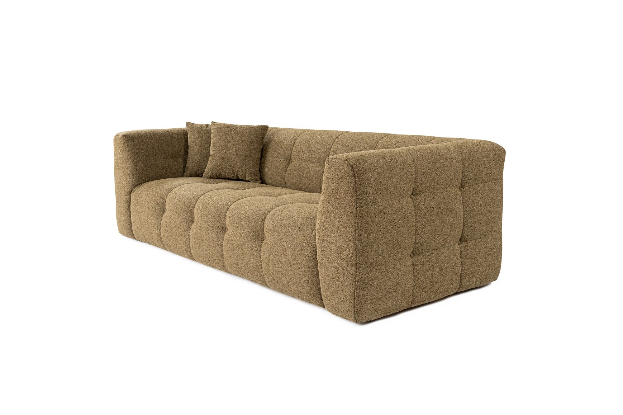Sofá elegante de 3 lugares, cáqui, 235 x 100 x 72 cm | Estrutura em madeira de faia e aglomerado, 100% poliéster, espuma 28 DNS | Almofadas fixas, tecido de fácil manutenção