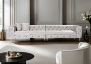 Sofá elegante de 4 lugares, cinza claro, 344 x 90 x 72 cm | Estrutura em madeira de faia e aglomerado, 100% poliéster, pernas cromadas | Inclui 2 almofadas, tecido lavável a seco