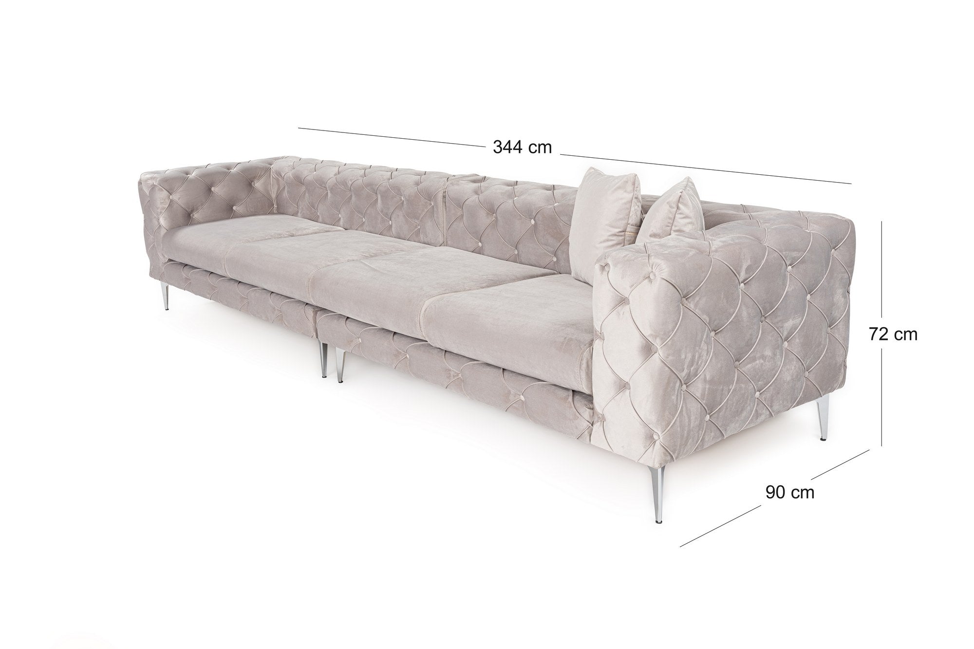 Sofá elegante de 4 lugares, cinza claro, 344 x 90 x 72 cm | Estrutura em madeira de faia e aglomerado, 100% poliéster, pernas cromadas | Inclui 2 almofadas, tecido lavável a seco