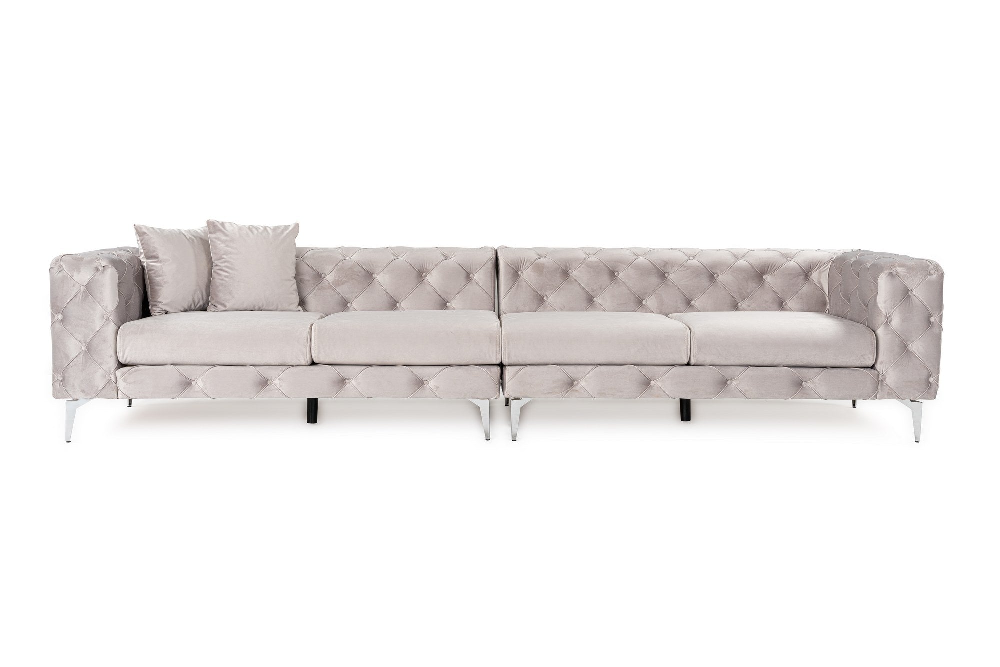 Sofá elegante de 4 lugares, cinza claro, 344 x 90 x 72 cm | Estrutura em madeira de faia e aglomerado, 100% poliéster, pernas cromadas | Inclui 2 almofadas, tecido lavável a seco