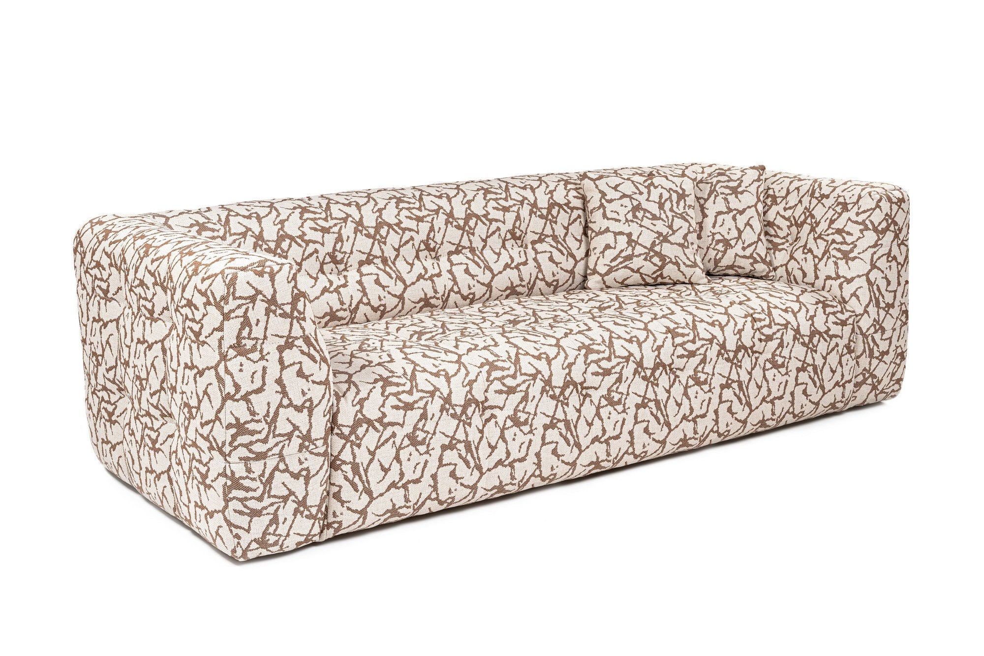 Sofá elegante de 3 lugares, cor bege, 235 x 100 x 72 cm | Estrutura em madeira de faia e aglomerado, 100% poliéster, espuma 28 DNS | Almofadas fixas, conforto moderno