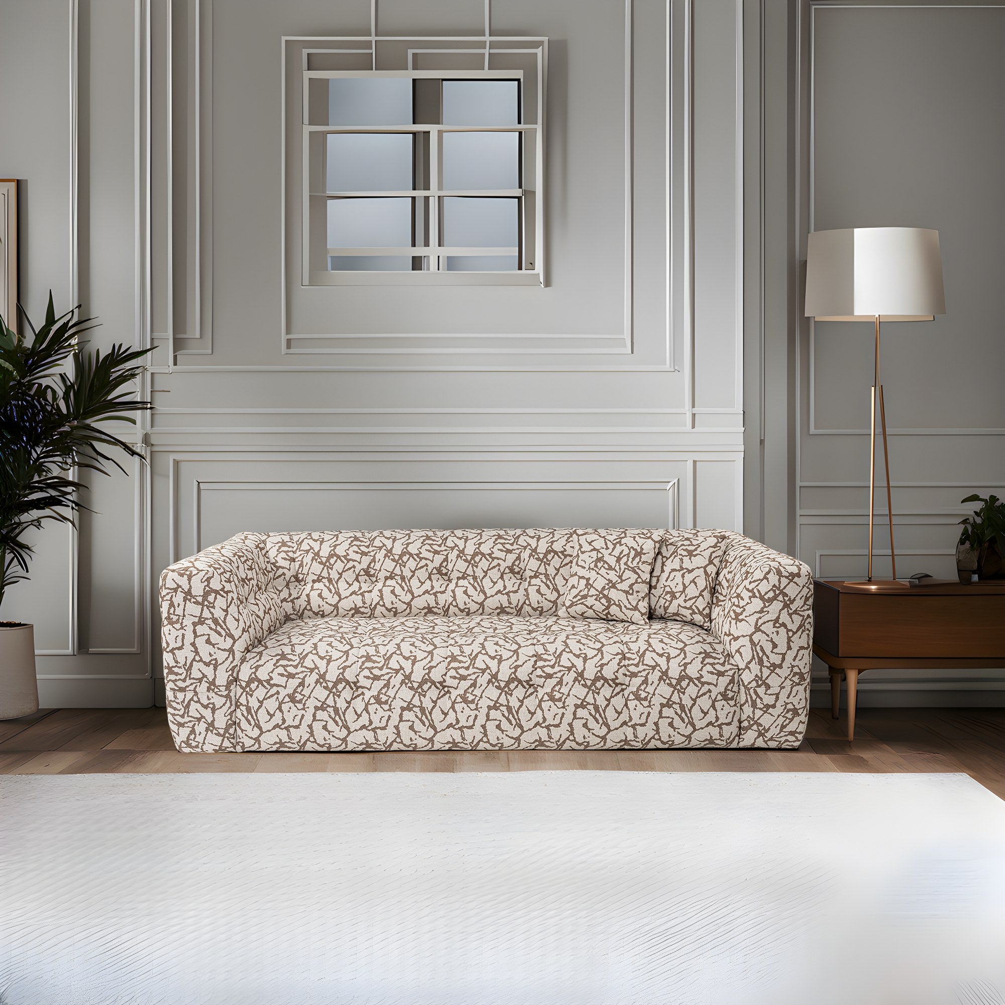 Sofá elegante de 3 lugares, cor bege, 235 x 100 x 72 cm | Estrutura em madeira de faia e aglomerado, 100% poliéster, espuma 28 DNS | Almofadas fixas, conforto moderno