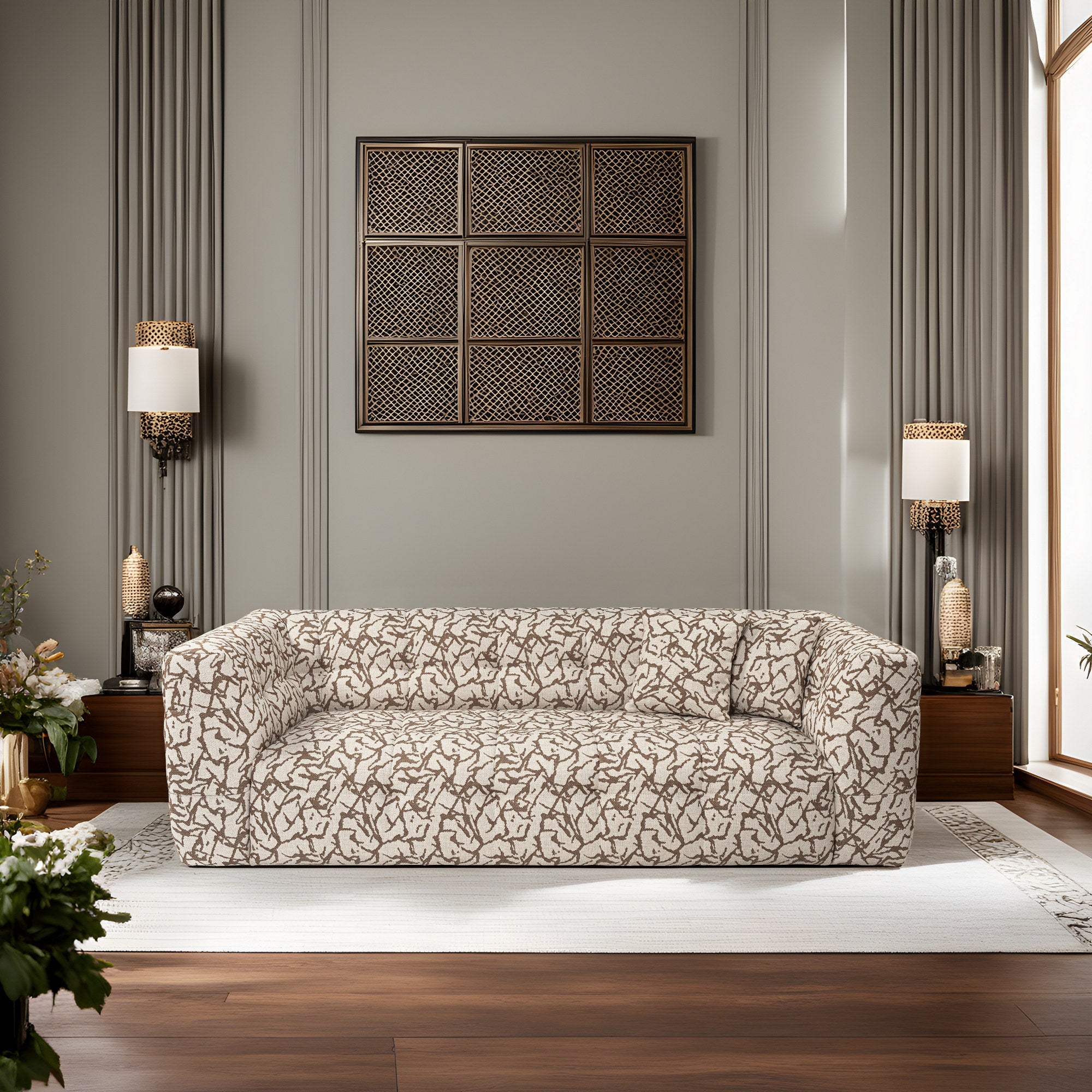 Sofá elegante de 3 lugares, cor bege, 235 x 100 x 72 cm | Estrutura em madeira de faia e aglomerado, 100% poliéster, espuma 28 DNS | Almofadas fixas, conforto moderno