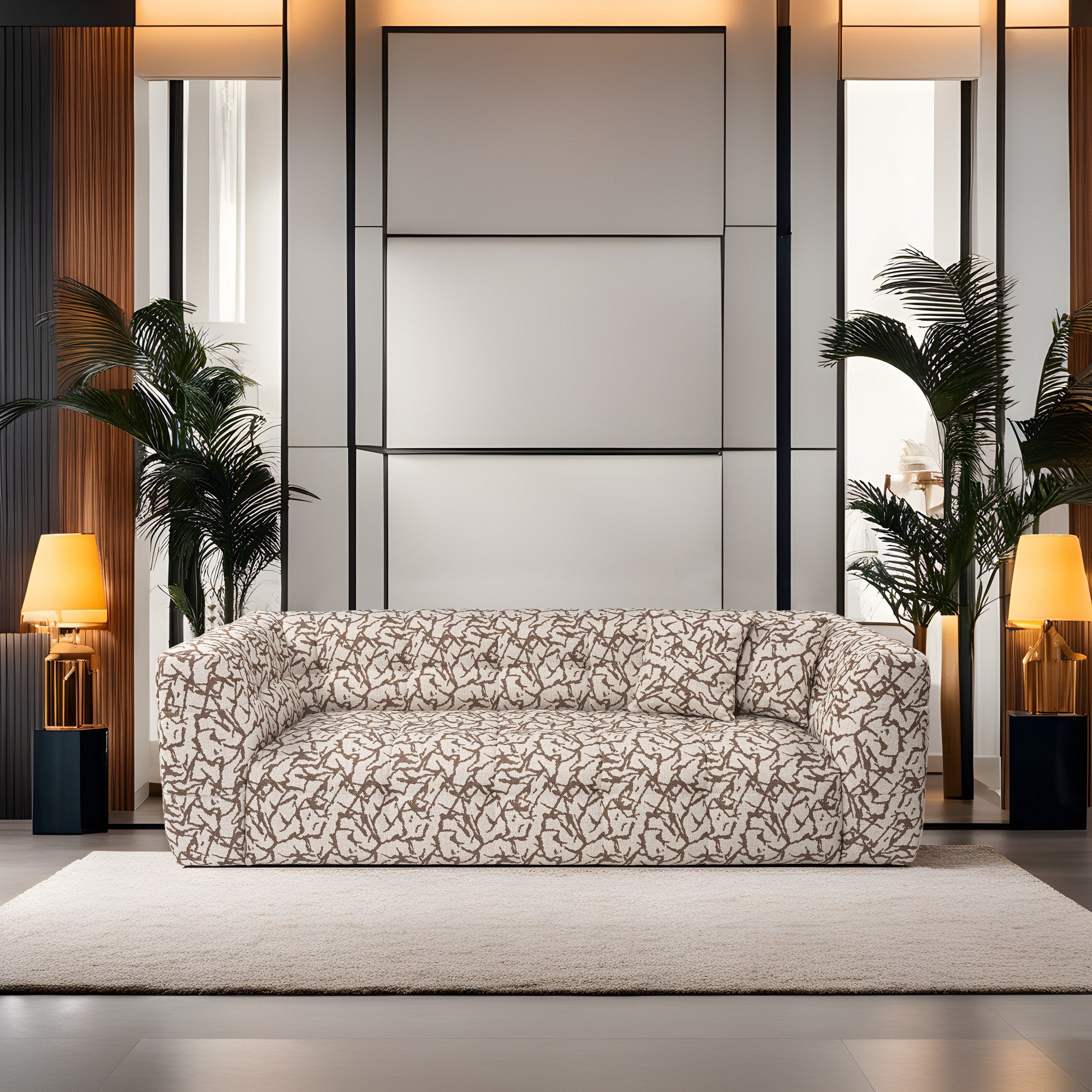 Sofá elegante de 3 lugares, cor bege, 235 x 100 x 72 cm | Estrutura em madeira de faia e aglomerado, 100% poliéster, espuma 28 DNS | Almofadas fixas, conforto moderno