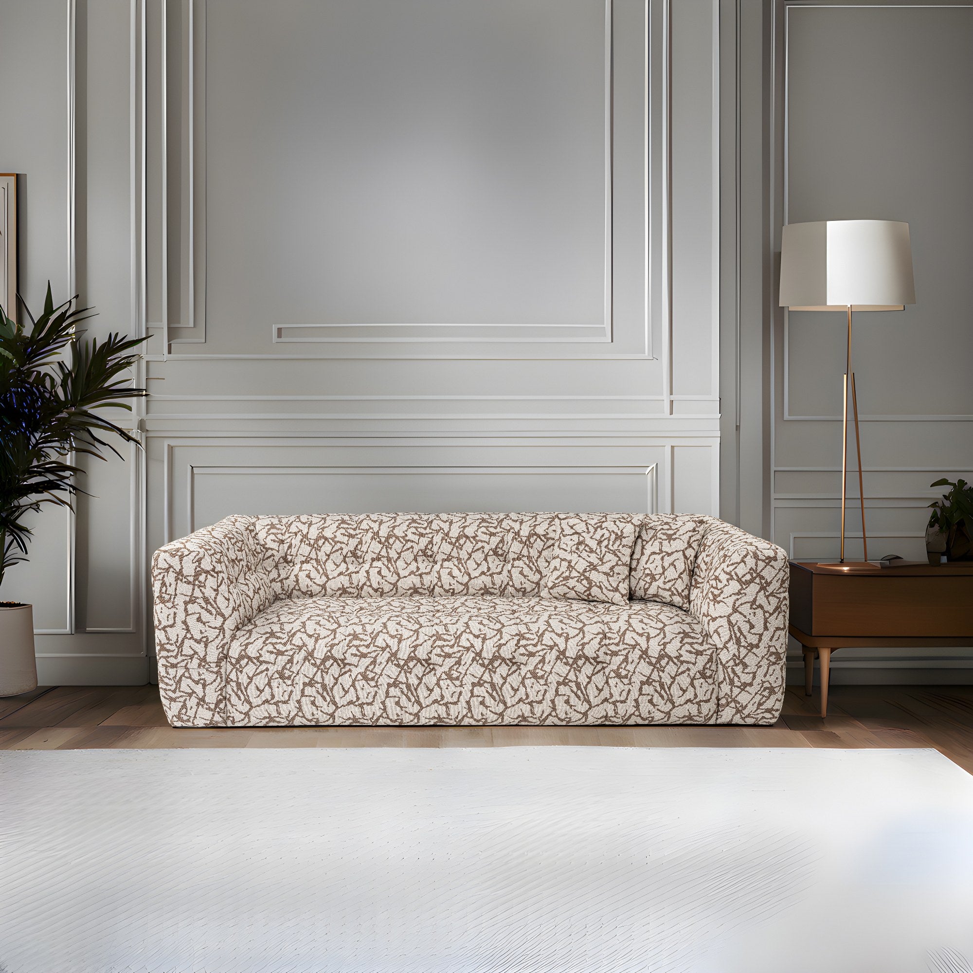 Sofá elegante de 3 lugares, cor bege, 235 x 100 x 72 cm | Estrutura em madeira de faia e aglomerado, 100% poliéster, espuma 28 DNS | Almofadas fixas, conforto moderno