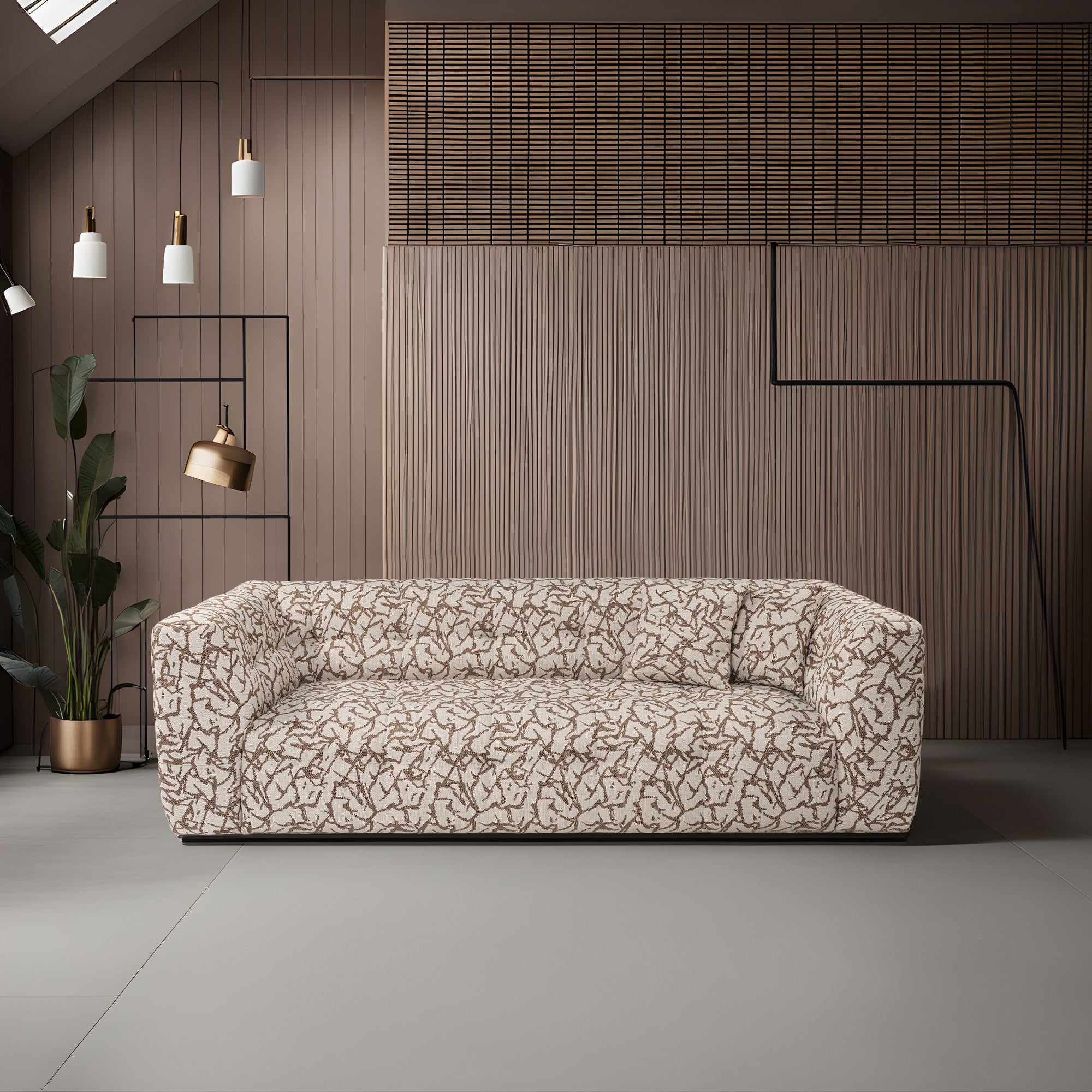 Sofá elegante de 3 lugares, cor bege, 235 x 100 x 72 cm | Estrutura em madeira de faia e aglomerado, 100% poliéster, espuma 28 DNS | Almofadas fixas, conforto moderno