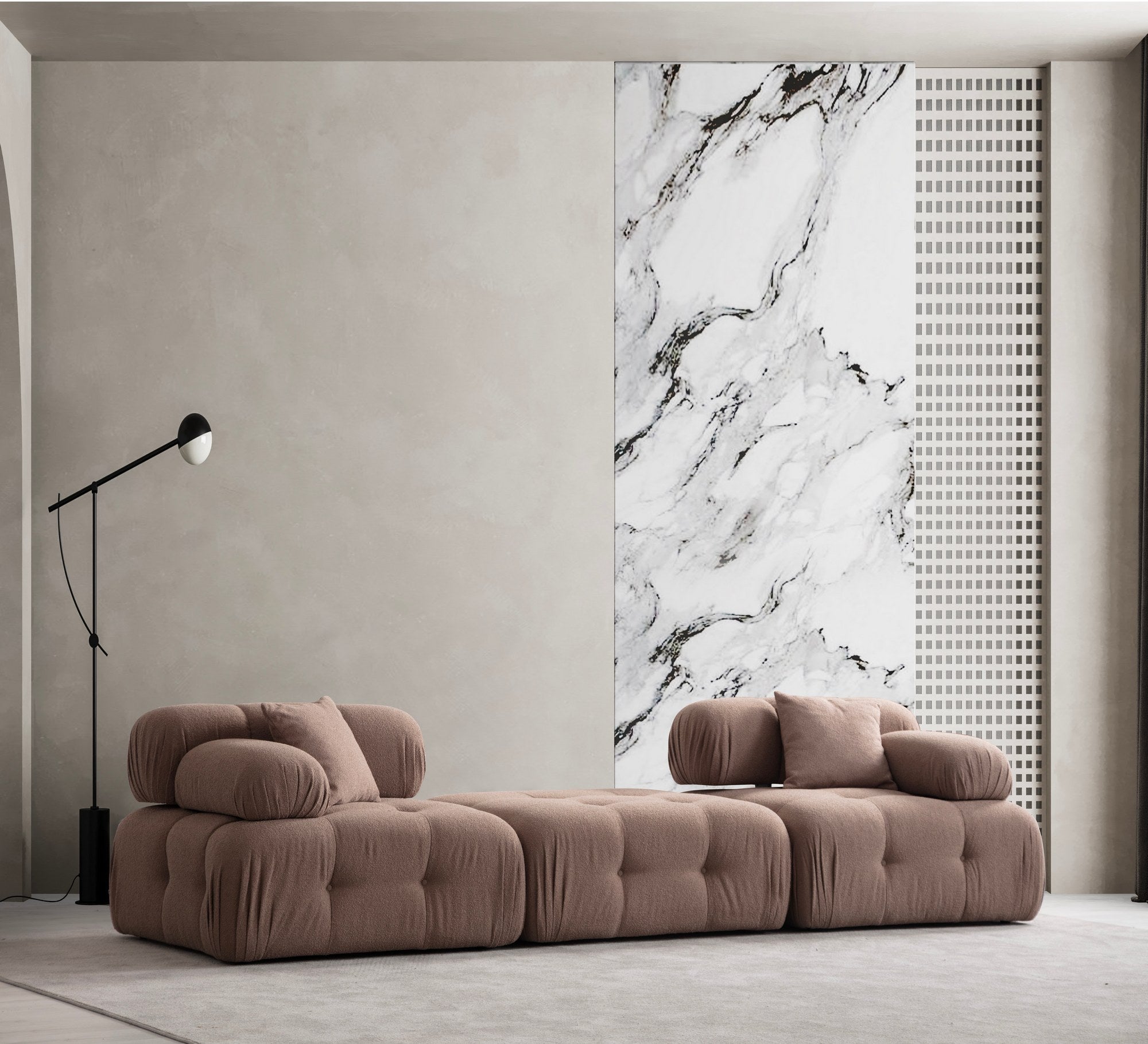 Sofá elegante de 3 lugares, Cappuccino, 300 x 100 x 80 cm | Estrutura em madeira de faia e aglomerado, 100% poliéster, espuma 28 DNS | Design moderno com mecanismo de mudança