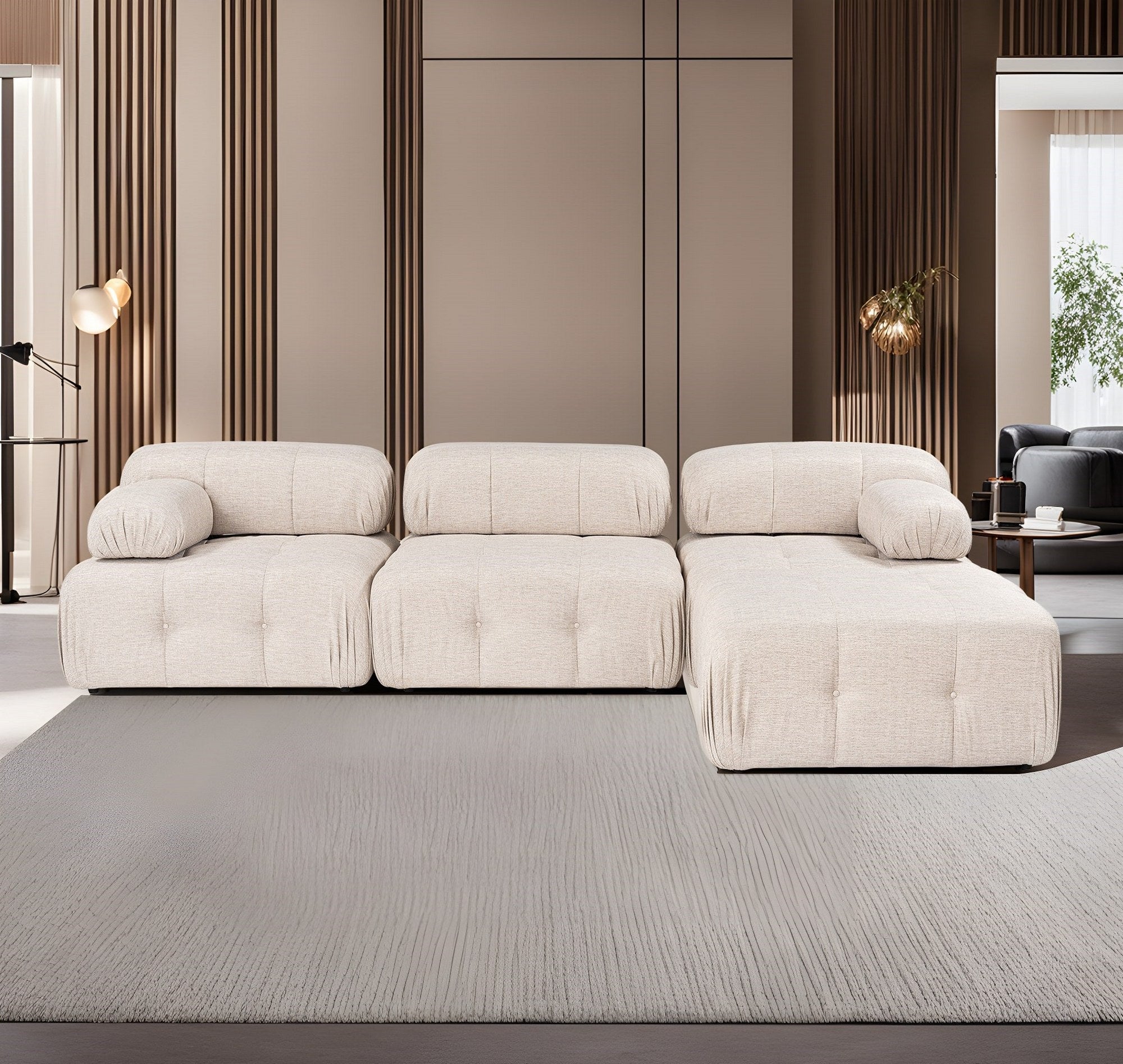 Sofá de canto elegante, marrom claro, 300x200 cm | Estrutura em madeira de faia e aglomerado, 100% poliéster, espuma 28 DNS | Design moderno com mecanismo de mudança
