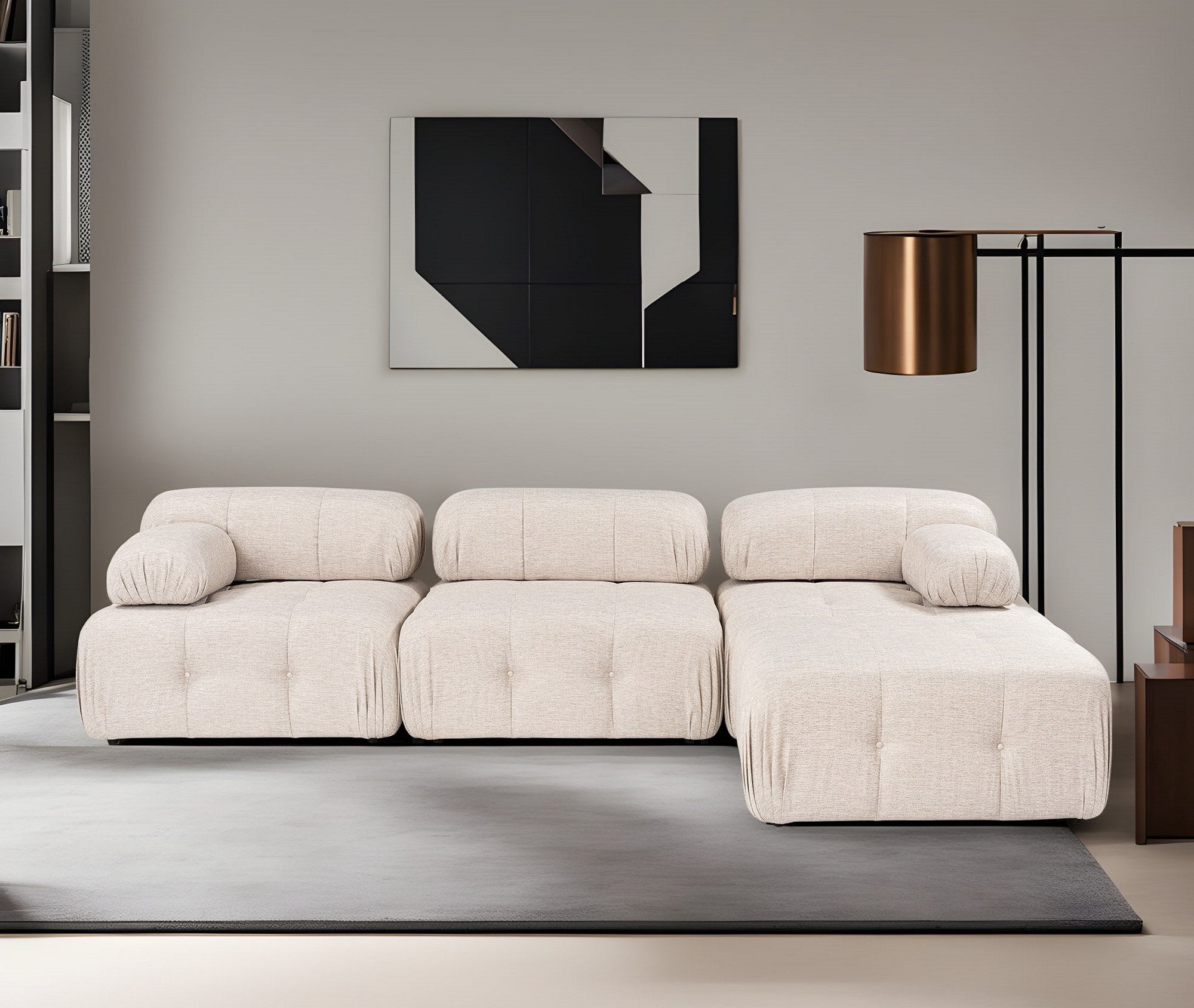 Sofá de canto elegante, marrom claro, 300x200 cm | Estrutura em madeira de faia e aglomerado, 100% poliéster, espuma 28 DNS | Design moderno com mecanismo de mudança