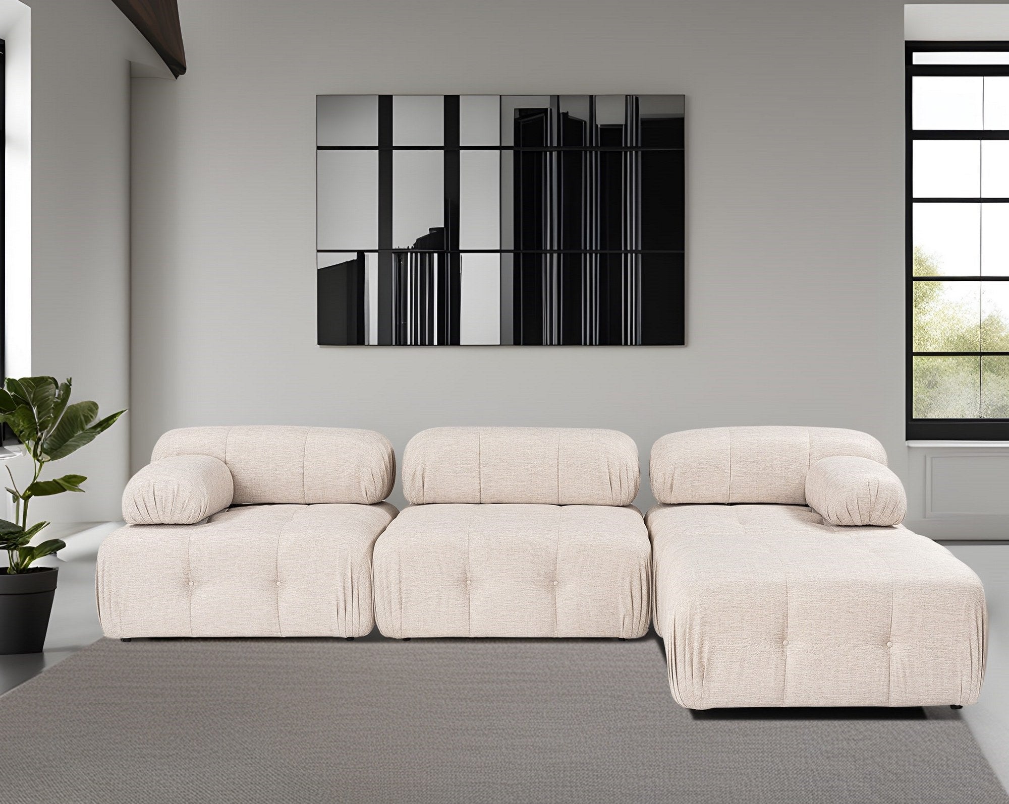Sofá de canto elegante, marrom claro, 300x200 cm | Estrutura em madeira de faia e aglomerado, 100% poliéster, espuma 28 DNS | Design moderno com mecanismo de mudança